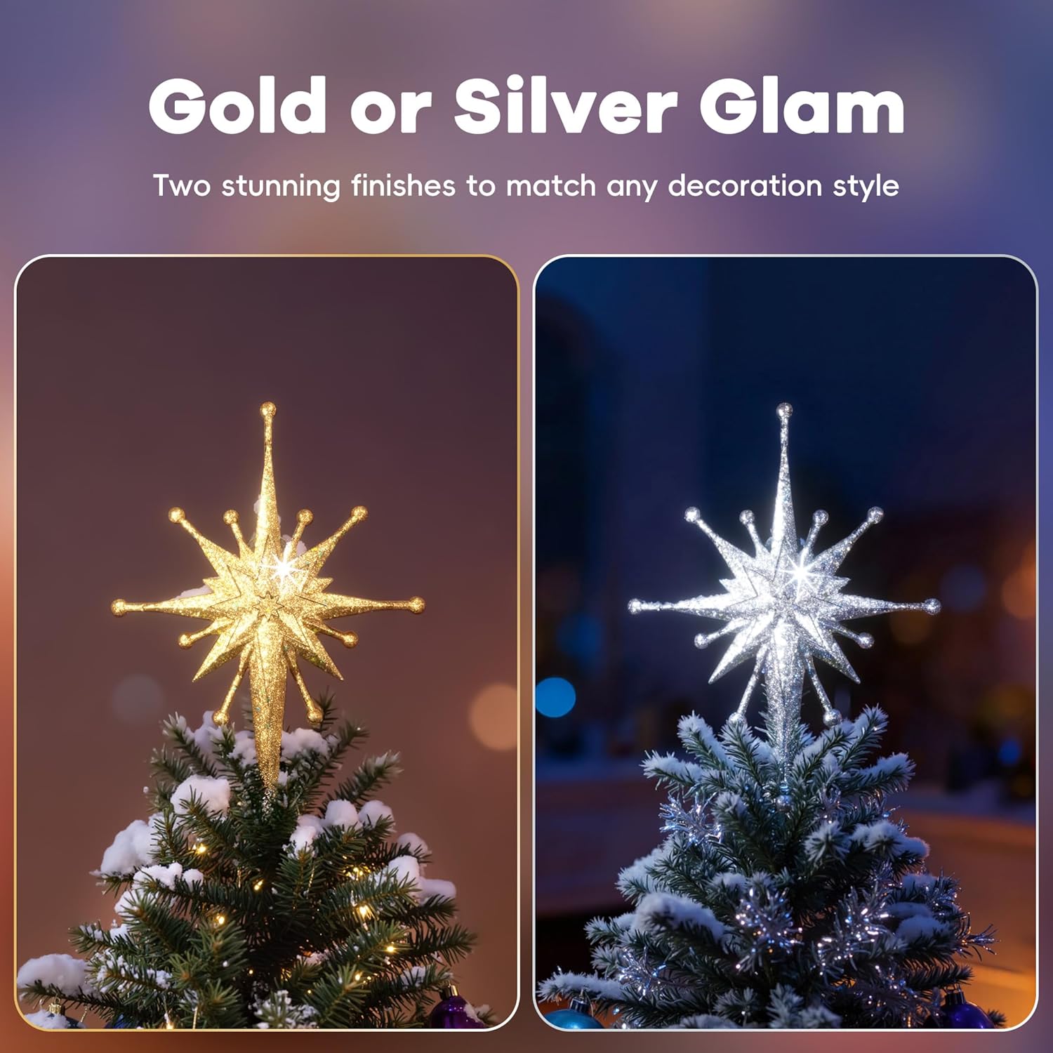 DG-Direct Christmas Tree Topper Lighted with Golden Snowflake Projector, Led Rotating Magic Snowflake, 3D Hollow Glitter Lighted Gold Snow Tree Topper for Christmas Tree Decorations