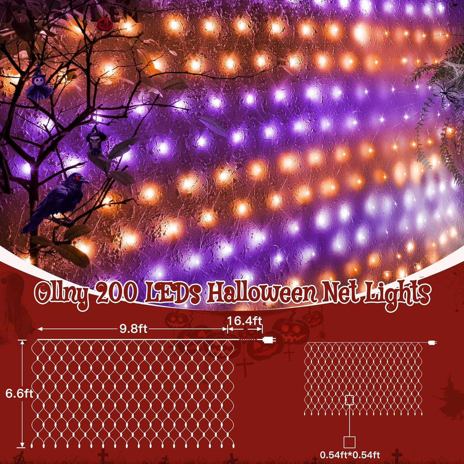Ollny Net Lights Outdoor Mesh Light 10x7ft, 210LED Clear Wire Connectable Christmas Net Lights with 8 Modes, IP67 Waterproof Bush Light for Tree Wall Ceiling Outside Decorations, Warm White