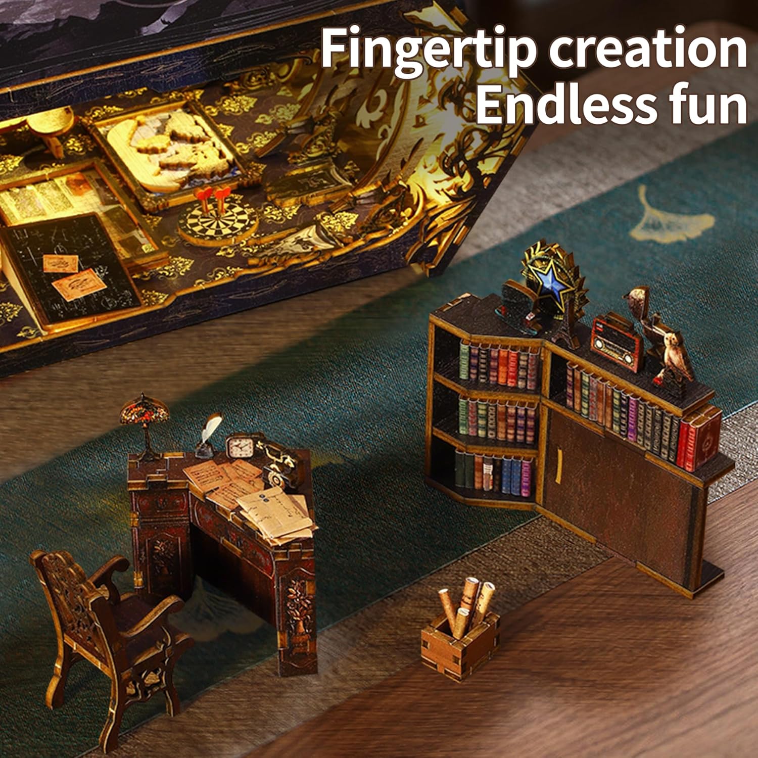 CRIOLPO Book Nook Kit - DIY Doll House Booknook, Book Nook Miniature Kit for Bookshelf Doll Houses for Adults Teen Halloween, 3D Wooden Puzzle Bookends with Sensor Led Light