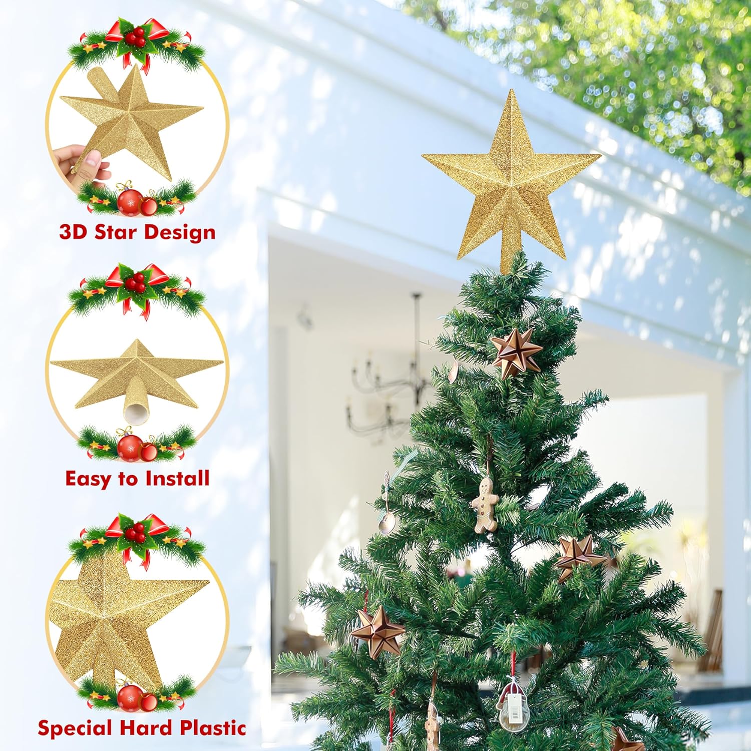 Christmas Tree Star Topper, 8 Gold Xmas Star Tree Decorations, 3D Shatterproof Bethlehem Star Tree Topper Decorations, Waterproof Christmas Tree Topper Decor for Holiday Home Outdoor Ornament