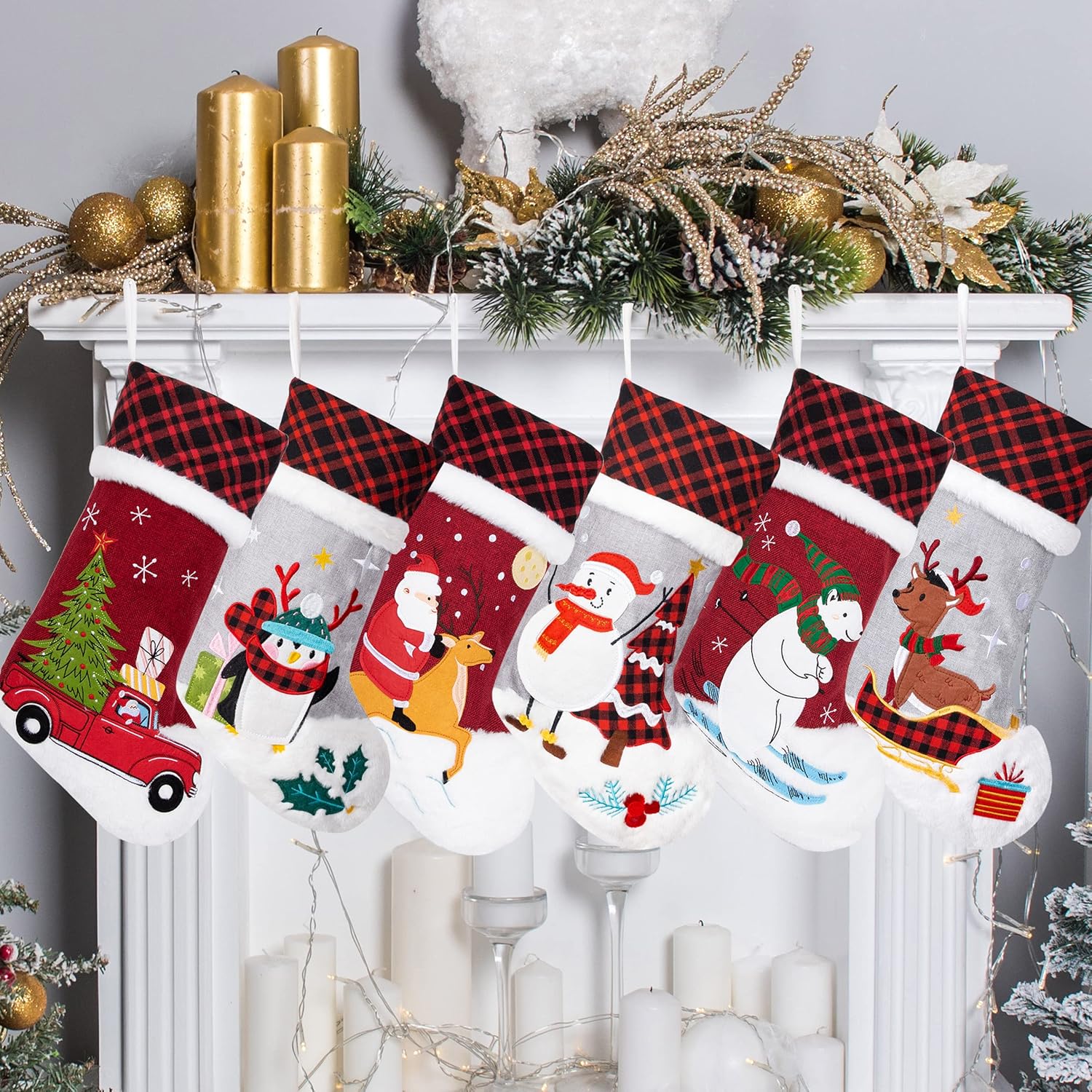 LUBOT Set of 8 Christmas Stocking(20inch) Silhouette Buffalo Red Plaid/Rustic/Farmhouse/Country Cotton Fireplace Hanging Xmas Stockings Decorations for Family Holiday Season Decor