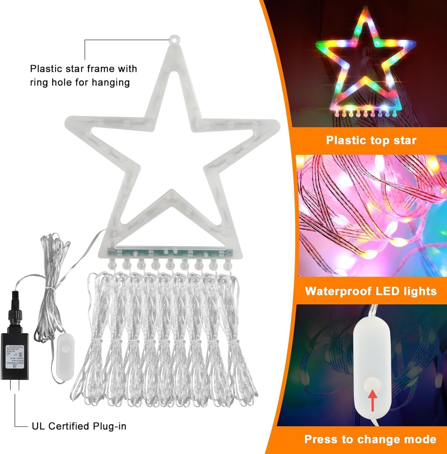 PUHONG Christmas Lights, Decorations Star Lights, 320 LED Christmas Tree Lights Outdoor, 16.4Ft String Lights, 8 Light Modes with 12 Lighted Star for Xmas New Year (Iron-Multicolor)