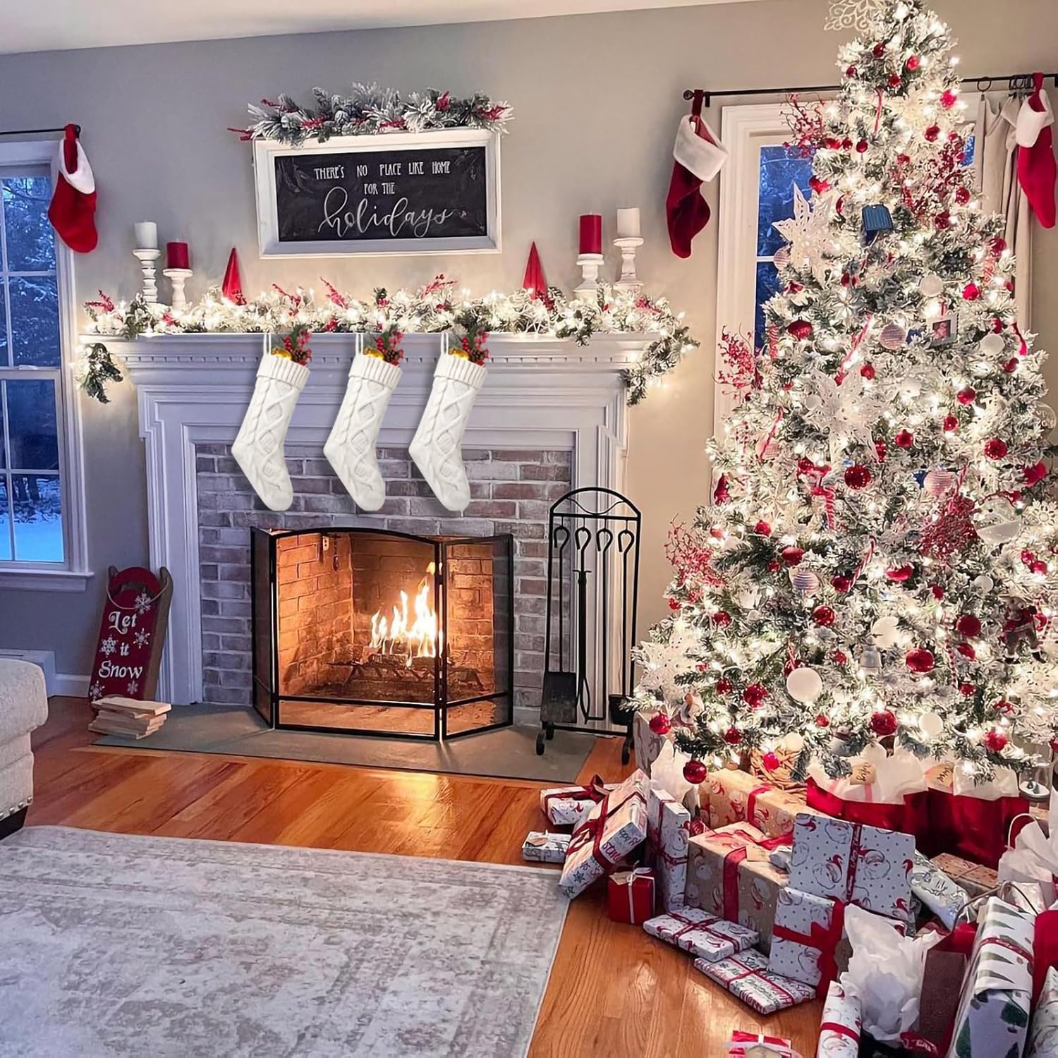 Fesciory 4 Pack Christmas Stockings 18 Inches Large Size Cable Knitted Stocking Gifts & Decorations for Family Holiday Xmas Party, Ivory White