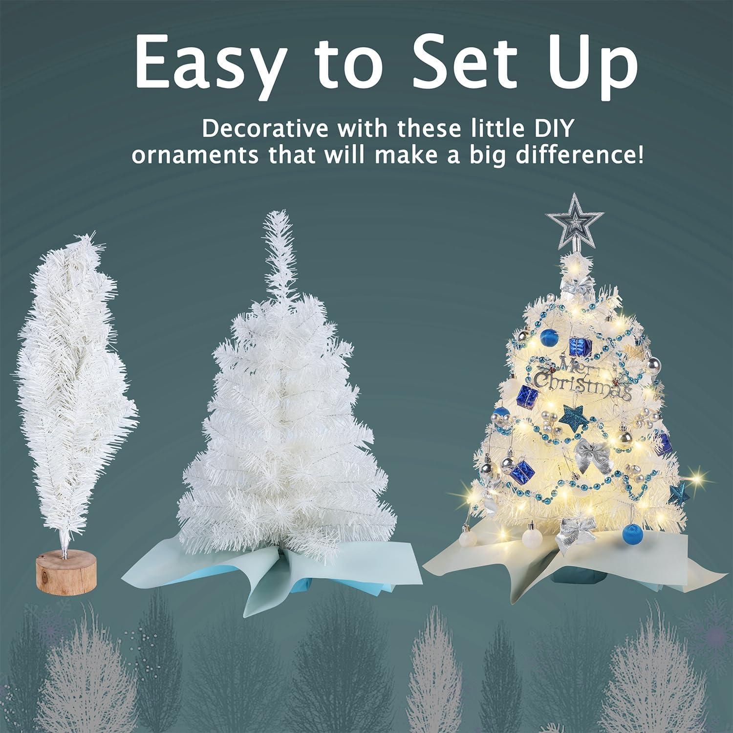 Juegoal 24 Inch Mini Christmas Tree Set, Table Top Artificial Christmas Trees with 50 LED Lights, Ornaments and Red Berries, Best DIY Christmas Decorations