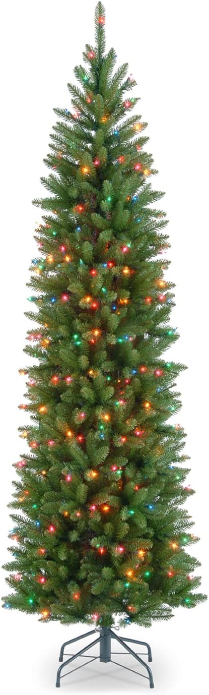 National Tree Company 6.5 ft Pre-Lit Kingswood Fir Slim Artificial Christmas Tree, 250 Multicolor Lights, 719 Tips, Includes Stand, Green