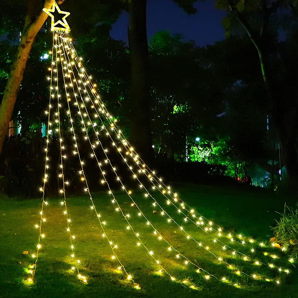PUHONG Christmas Lights, Decorations Star Lights, 320 LED Christmas Tree Lights Outdoor, 16.4Ft String Lights, 8 Light Modes with 12 Lighted Star for Xmas New Year (Iron-Multicolor)