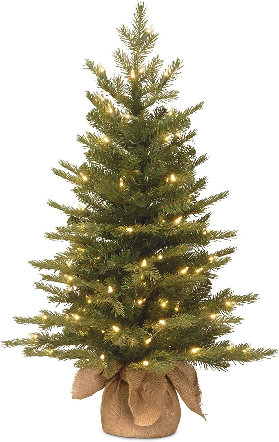 National Tree Company 3 ft Pre-Lit Nordic Spruce Mini Artificial Christmas Tree, 100 Clear Lights, 363 Tips, Burlap Base, Green