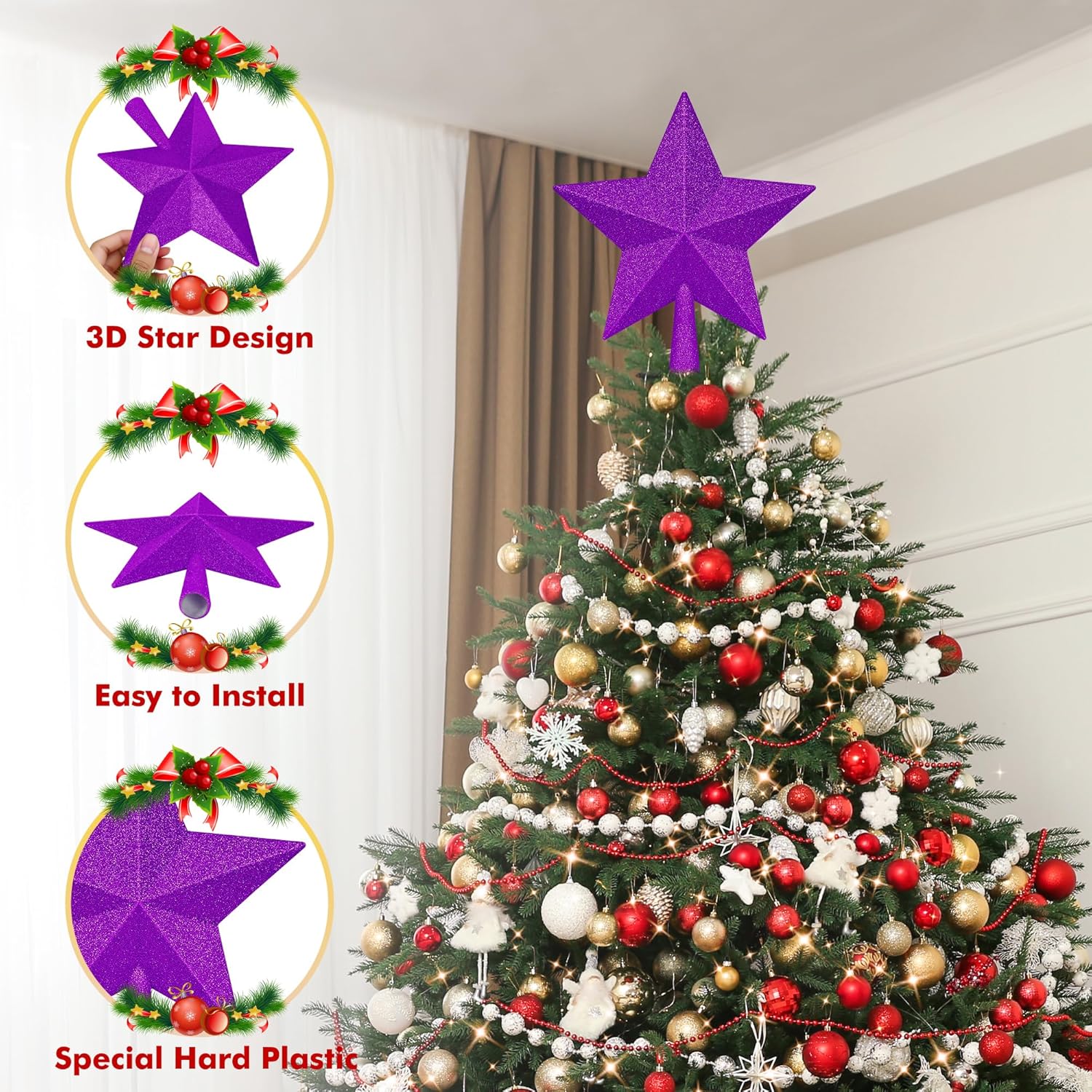 Christmas Tree Star Topper, 8 Gold Xmas Star Tree Decorations, 3D Shatterproof Bethlehem Star Tree Topper Decorations, Waterproof Christmas Tree Topper Decor for Holiday Home Outdoor Ornament