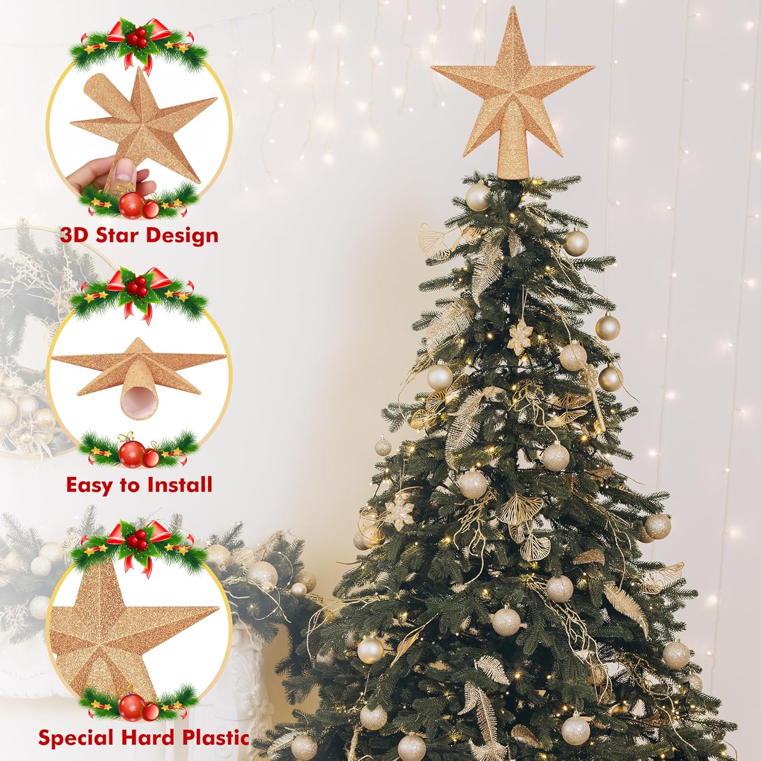Christmas Tree Star Topper, 8 Gold Xmas Star Tree Decorations, 3D Shatterproof Bethlehem Star Tree Topper Decorations, Waterproof Christmas Tree Topper Decor for Holiday Home Outdoor Ornament