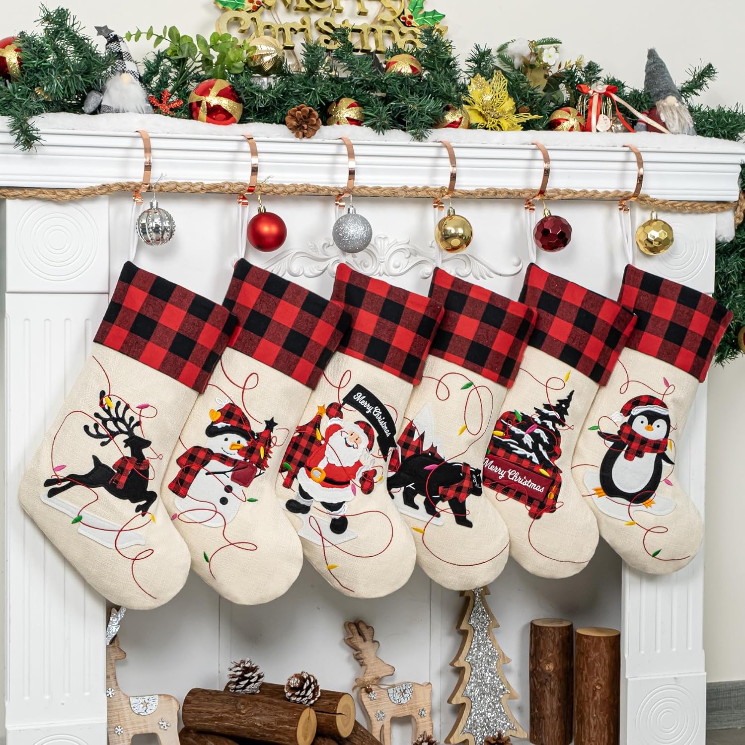 LUBOT Set of 8 Christmas Stocking(20inch) Silhouette Buffalo Red Plaid/Rustic/Farmhouse/Country Cotton Fireplace Hanging Xmas Stockings Decorations for Family Holiday Season Decor