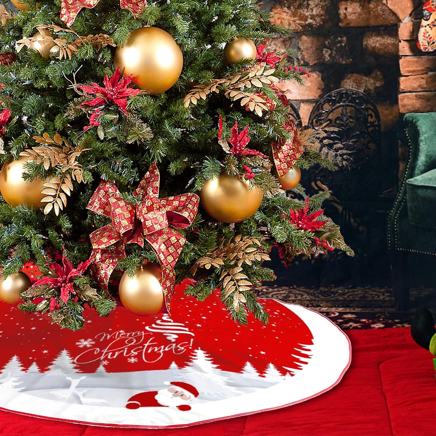 Christmas Tree Skirt Red Xmas Tree Ornaments for White Soft Plush Christmas Tree Mat with Snowy Pattern for Decorations Holiday Party 48 inches