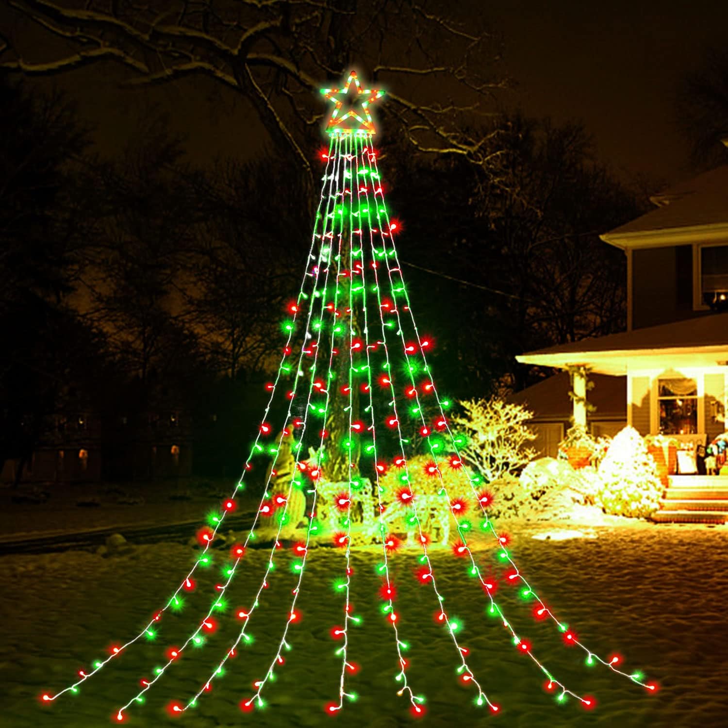 PUHONG Christmas Lights, Decorations Star Lights, 320 LED Christmas Tree Lights Outdoor, 16.4Ft String Lights, 8 Light Modes with 12 Lighted Star for Xmas New Year (Iron-Multicolor)