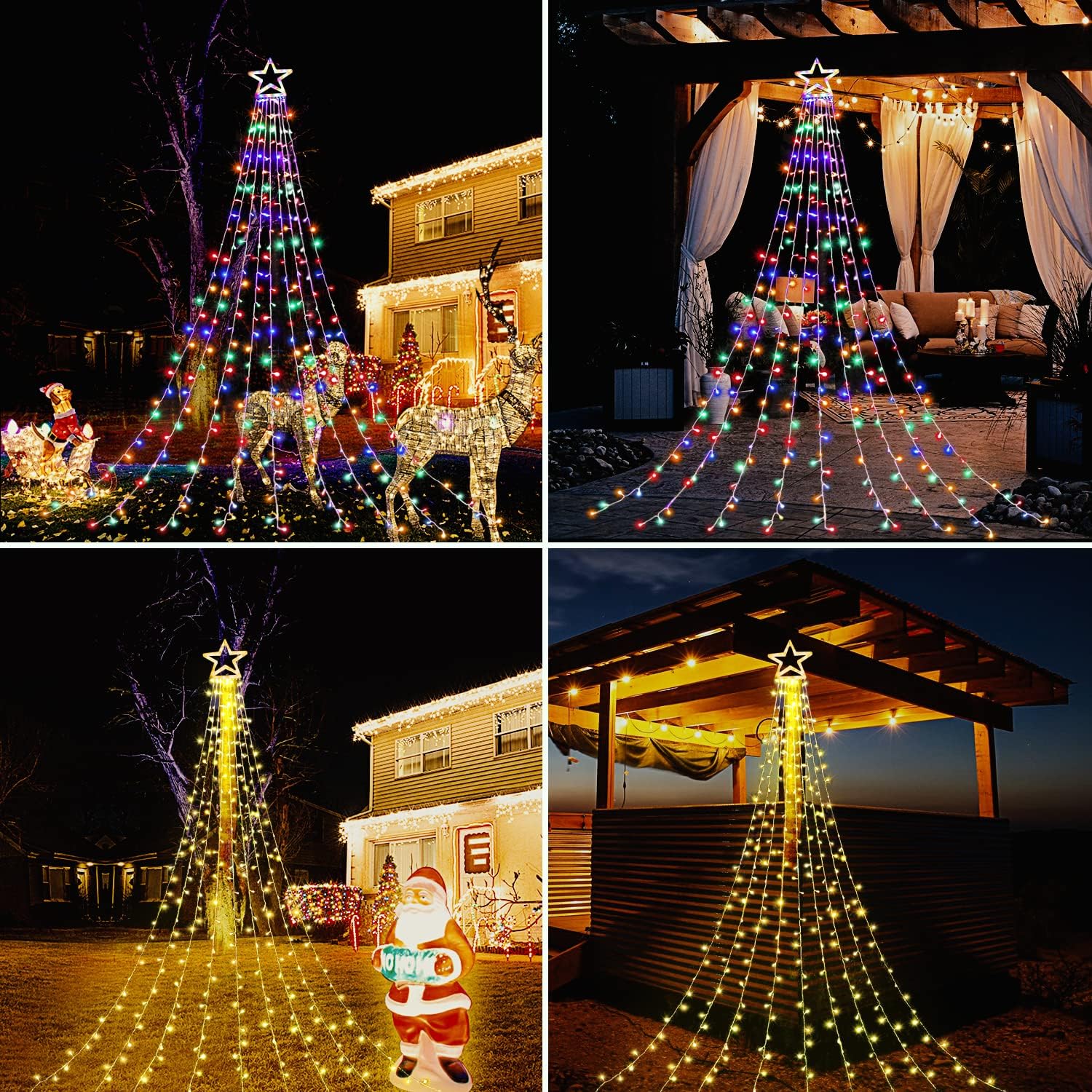 PUHONG Christmas Lights, Decorations Star Lights, 320 LED Christmas Tree Lights Outdoor, 16.4Ft String Lights, 8 Light Modes with 12 Lighted Star for Xmas New Year (Iron-Multicolor)