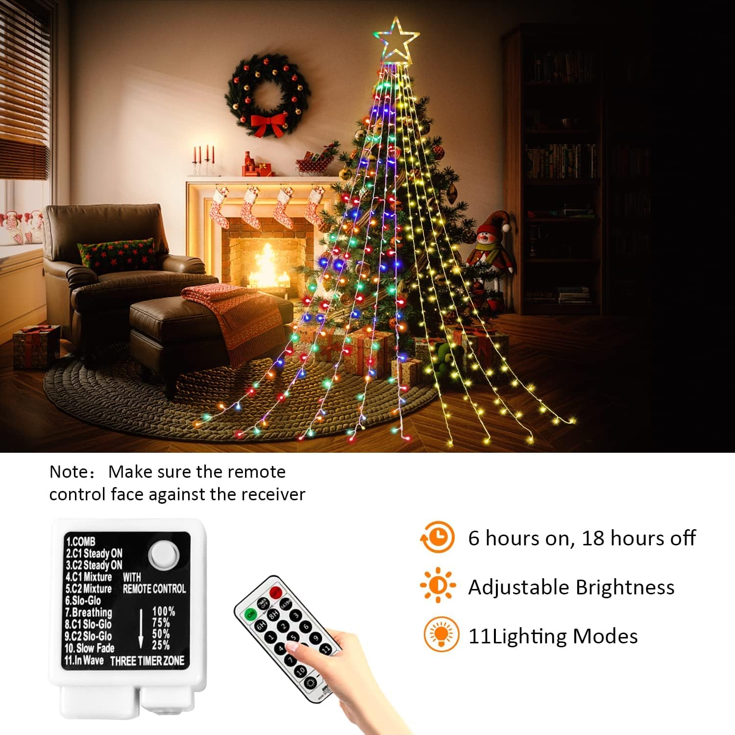 PUHONG Christmas Lights, Decorations Star Lights, 320 LED Christmas Tree Lights Outdoor, 16.4Ft String Lights, 8 Light Modes with 12 Lighted Star for Xmas New Year (Iron-Multicolor)
