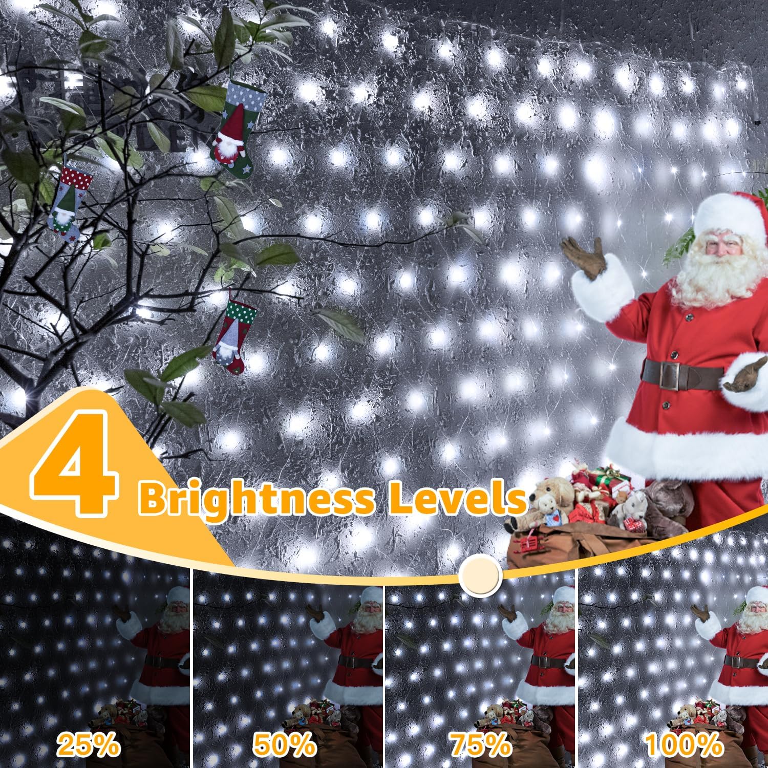 Ollny Net Lights Outdoor Mesh Light 10x7ft, 210LED Clear Wire Connectable Christmas Net Lights with 8 Modes, IP67 Waterproof Bush Light for Tree Wall Ceiling Outside Decorations, Warm White