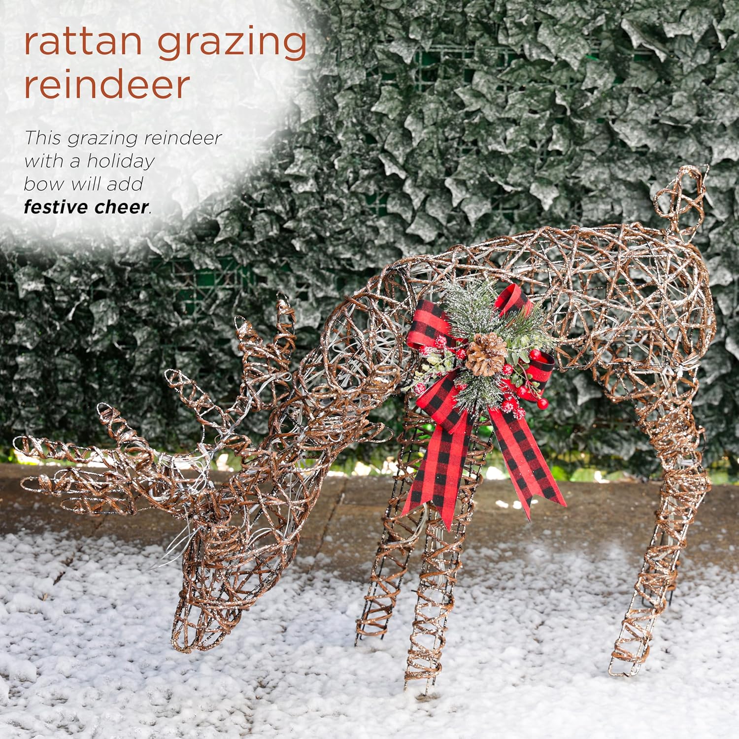 Alpine Corporation 24 Tall Outdoor Rattan Grazing Reindeer Lawn Decoration with White LED Lights, Christmas Yard Decor, Holiday Garden Display
