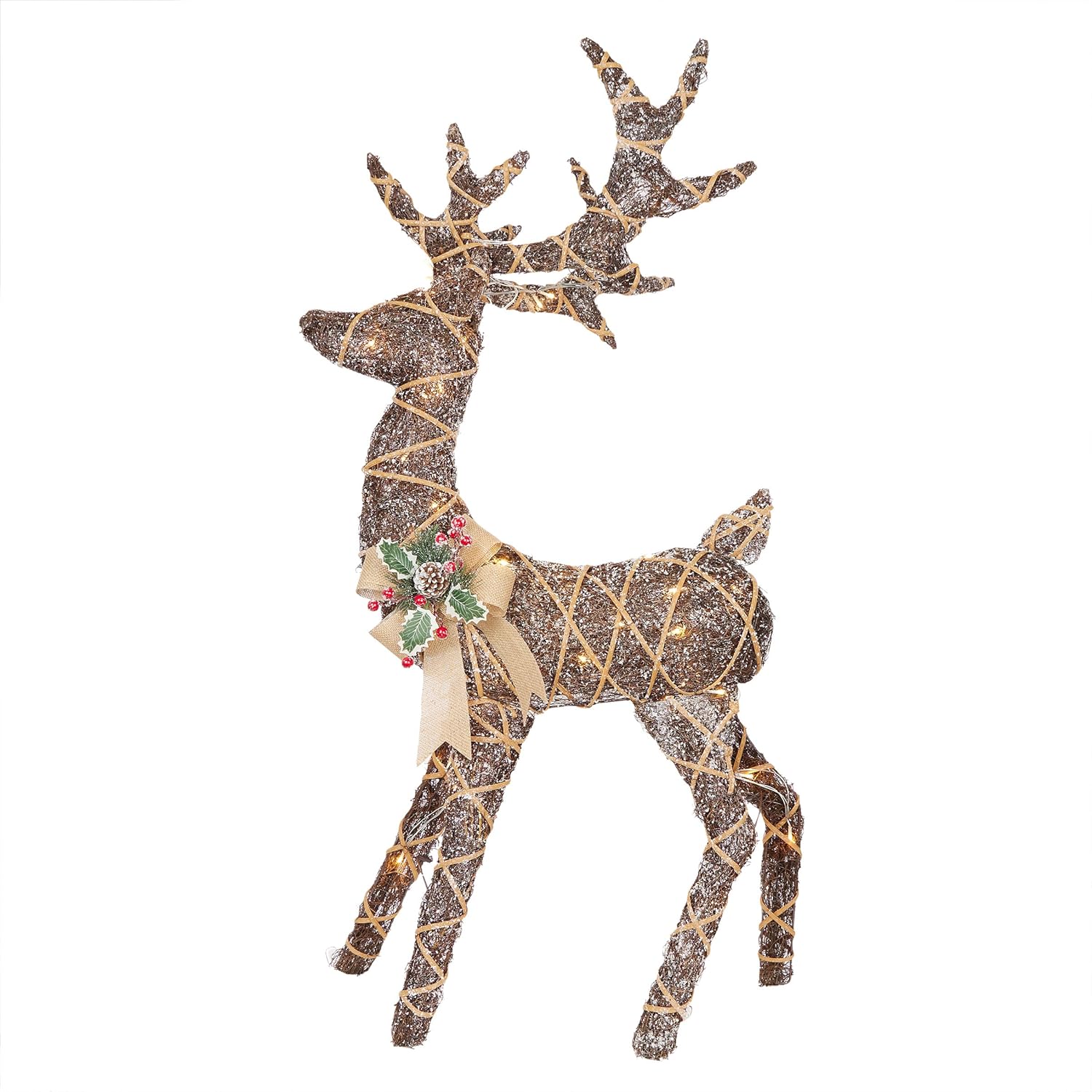 Alpine Corporation 24 Tall Outdoor Rattan Grazing Reindeer Lawn Decoration with White LED Lights, Christmas Yard Decor, Holiday Garden Display