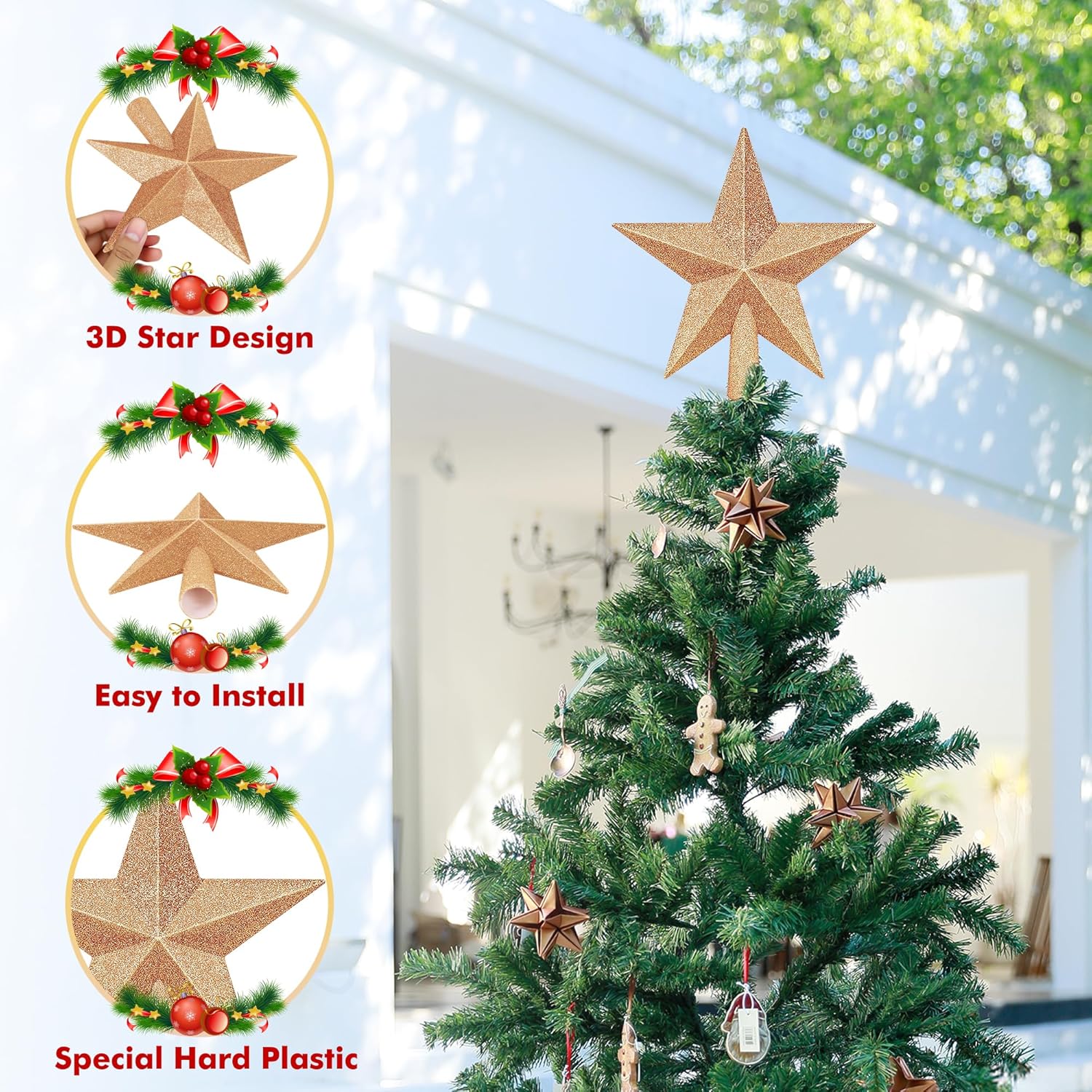 Christmas Tree Star Topper, 8 Gold Xmas Star Tree Decorations, 3D Shatterproof Bethlehem Star Tree Topper Decorations, Waterproof Christmas Tree Topper Decor for Holiday Home Outdoor Ornament