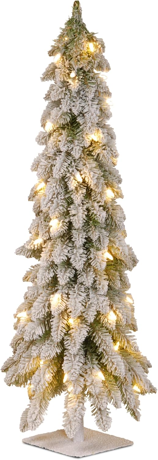 National Tree Company 3 ft Pre-Lit Flocked Downswept Forestree Mini Artificial Christmas Tree,50 Clear Lights, 198 Tips, Metal Plate Base, Green