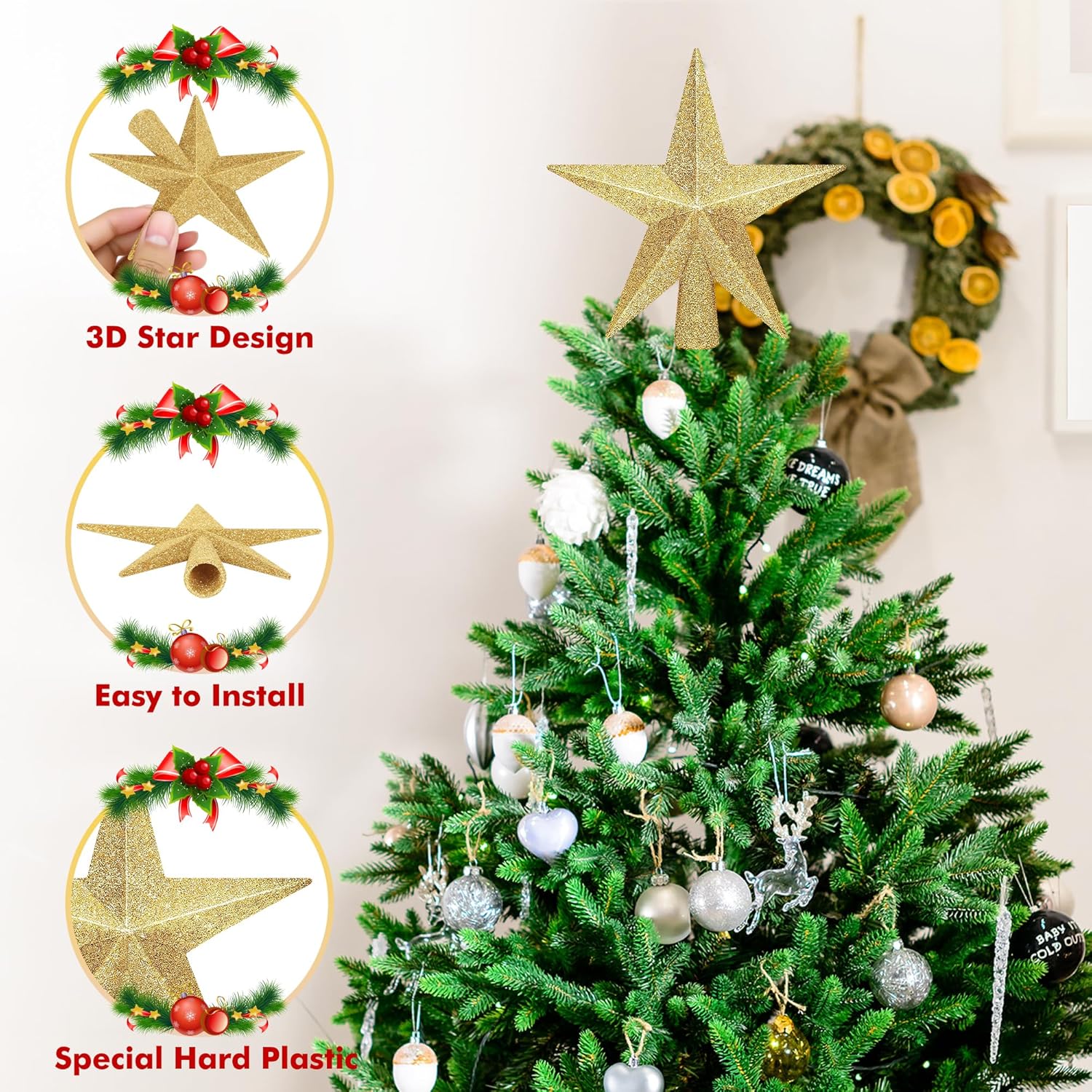 Christmas Tree Star Topper, 8 Gold Xmas Star Tree Decorations, 3D Shatterproof Bethlehem Star Tree Topper Decorations, Waterproof Christmas Tree Topper Decor for Holiday Home Outdoor Ornament