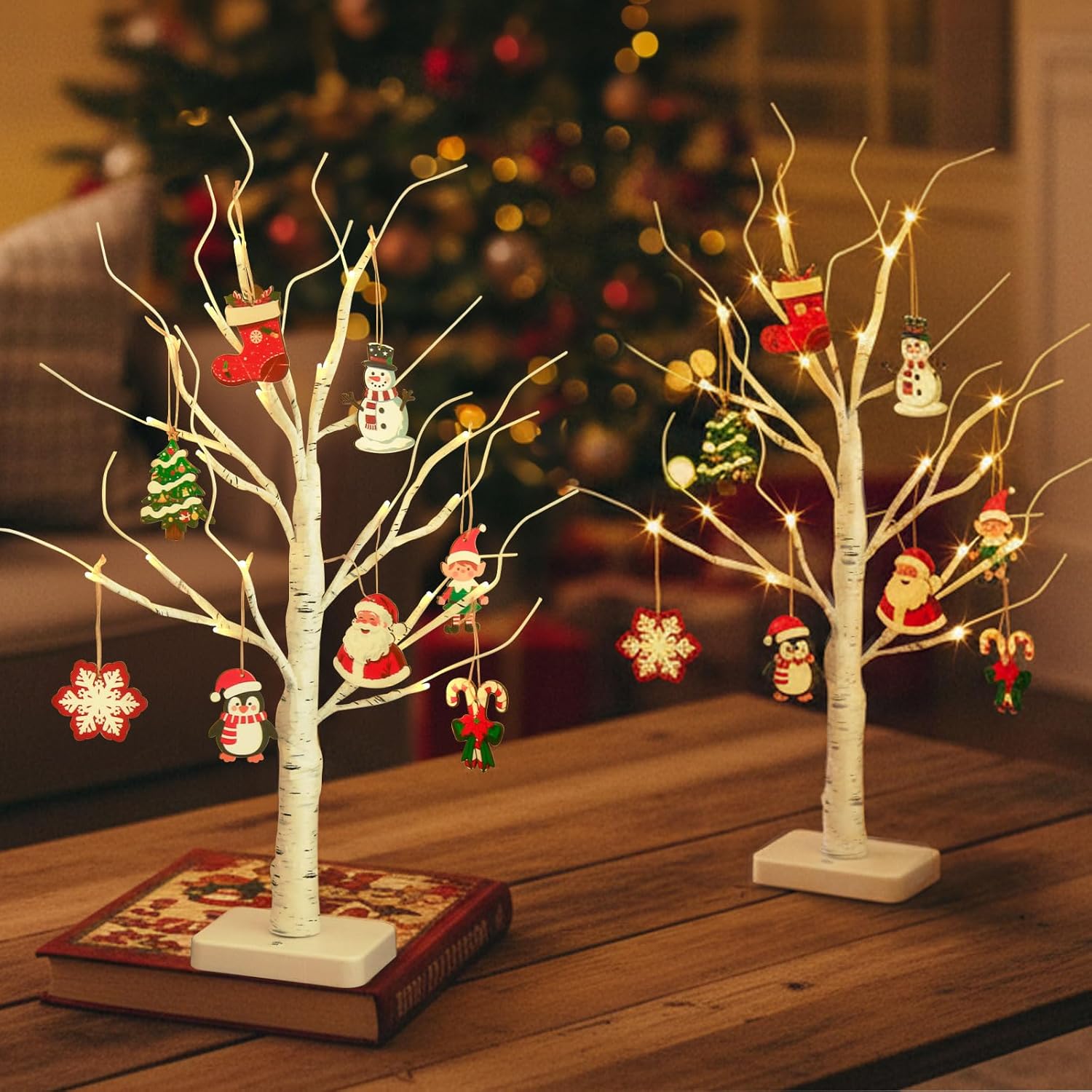 EAMBRITE Home Decorations Light Up White Birch Tree Indoor Christmas Decor, 4 Pack Battery Operated/USB Lighted Tabletop Money Tree Lamp Led Lights Xmas Wedding Centerpiece Table Room (2 Ft)