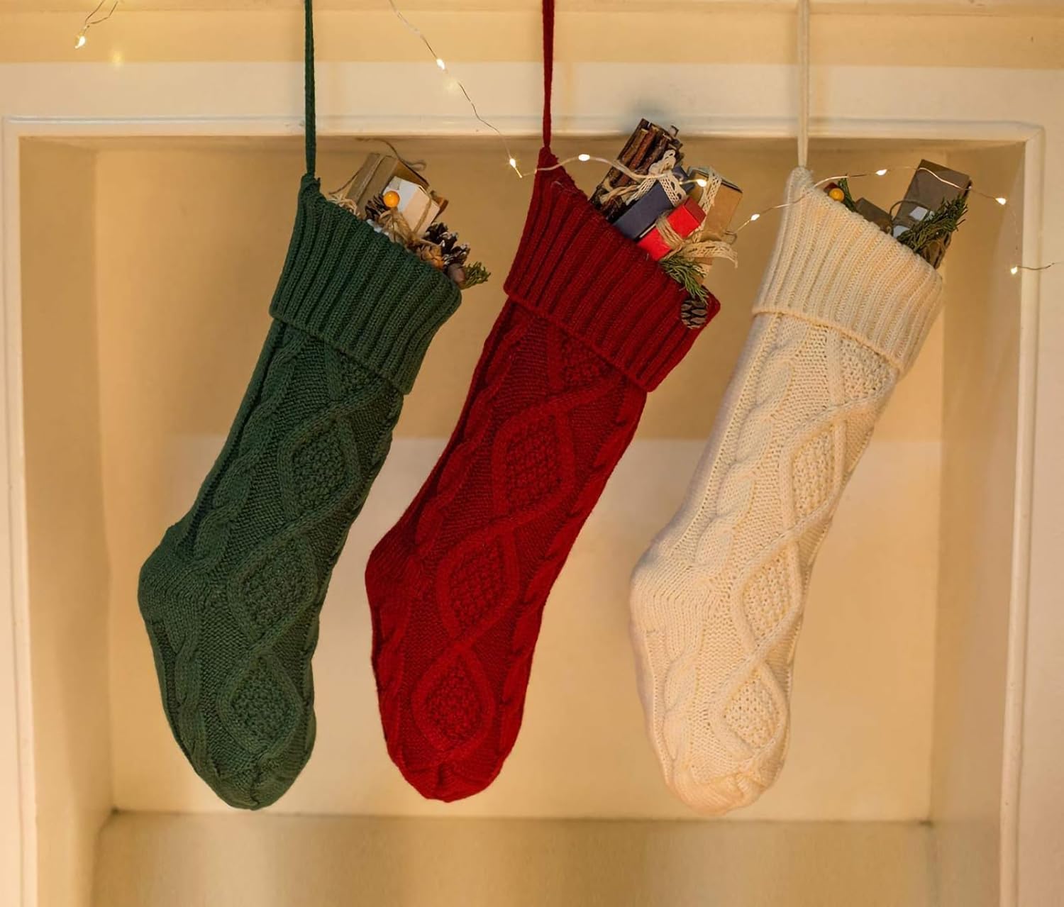 Fesciory 4 Pack Christmas Stockings 18 Inches Large Size Cable Knitted Stocking Gifts & Decorations for Family Holiday Xmas Party, Ivory White