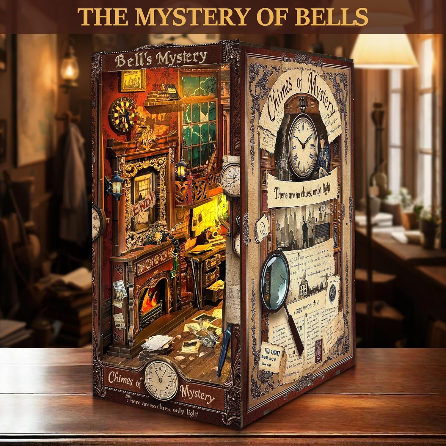 CRIOLPO Book Nook Kit - DIY Doll House Booknook, Book Nook Miniature Kit for Bookshelf Doll Houses for Adults Teen Halloween, 3D Wooden Puzzle Bookends with Sensor Led Light