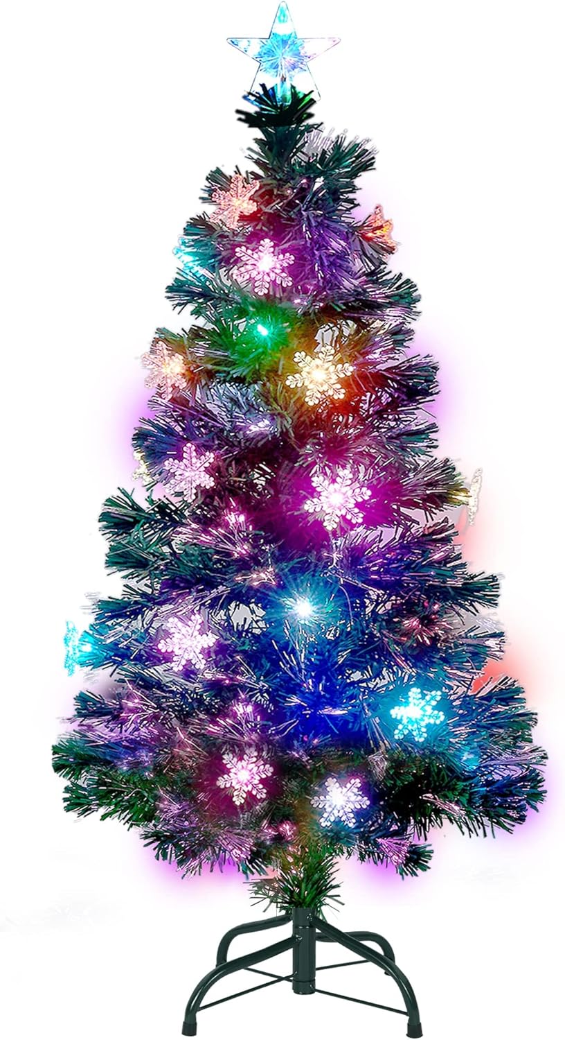 Juegoal 6 ft Pre-Lit Optical Fiber Christmas Artificial Tree, RGB Color Changing LED Lights, Snowflakes & Top Star, Fake Xmas Tree with Metal Legs