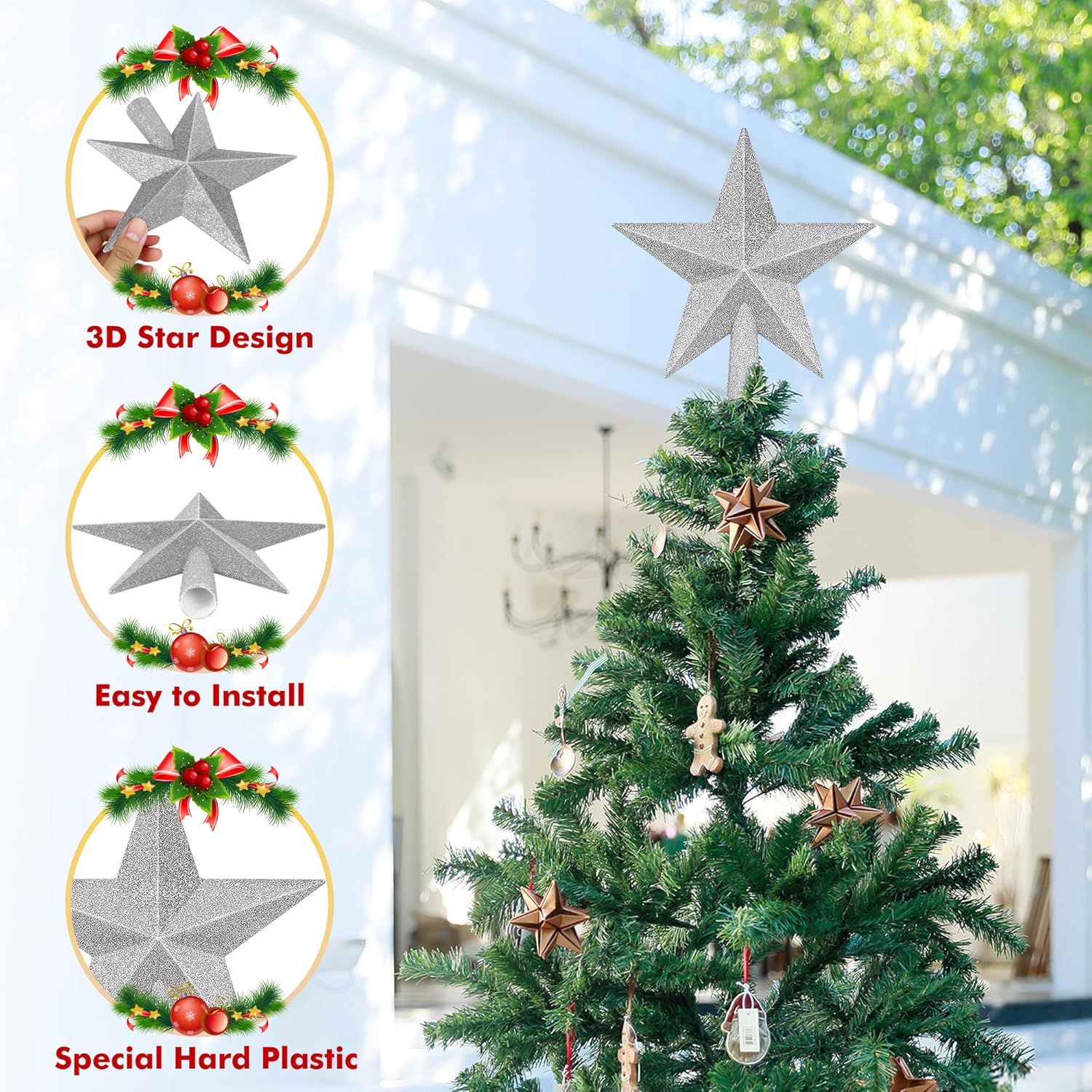 Christmas Tree Star Topper, 8 Gold Xmas Star Tree Decorations, 3D Shatterproof Bethlehem Star Tree Topper Decorations, Waterproof Christmas Tree Topper Decor for Holiday Home Outdoor Ornament
