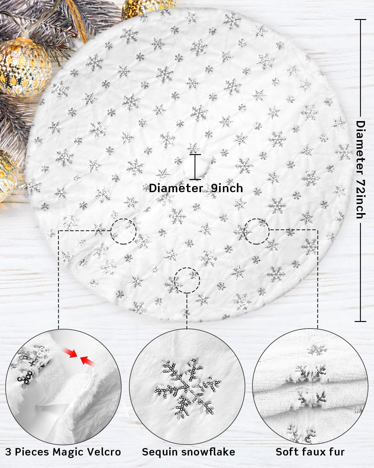 48 Inches Faux Fur Christmas Tree Skirt for Xmas Tree Holiday Party Decorations White Plush Silver Sequin Snowflake (Silver)