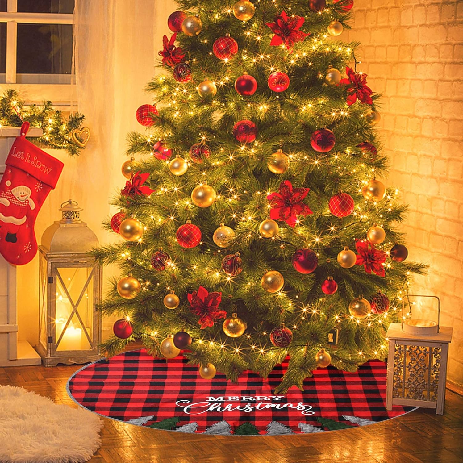 Juegoal 48 Inch Christmas Tree Skirt, Soft Red and Black Plaid Christmas Tree Mat for Xmas Party Decoration, Christmas Tree Holiday Decor