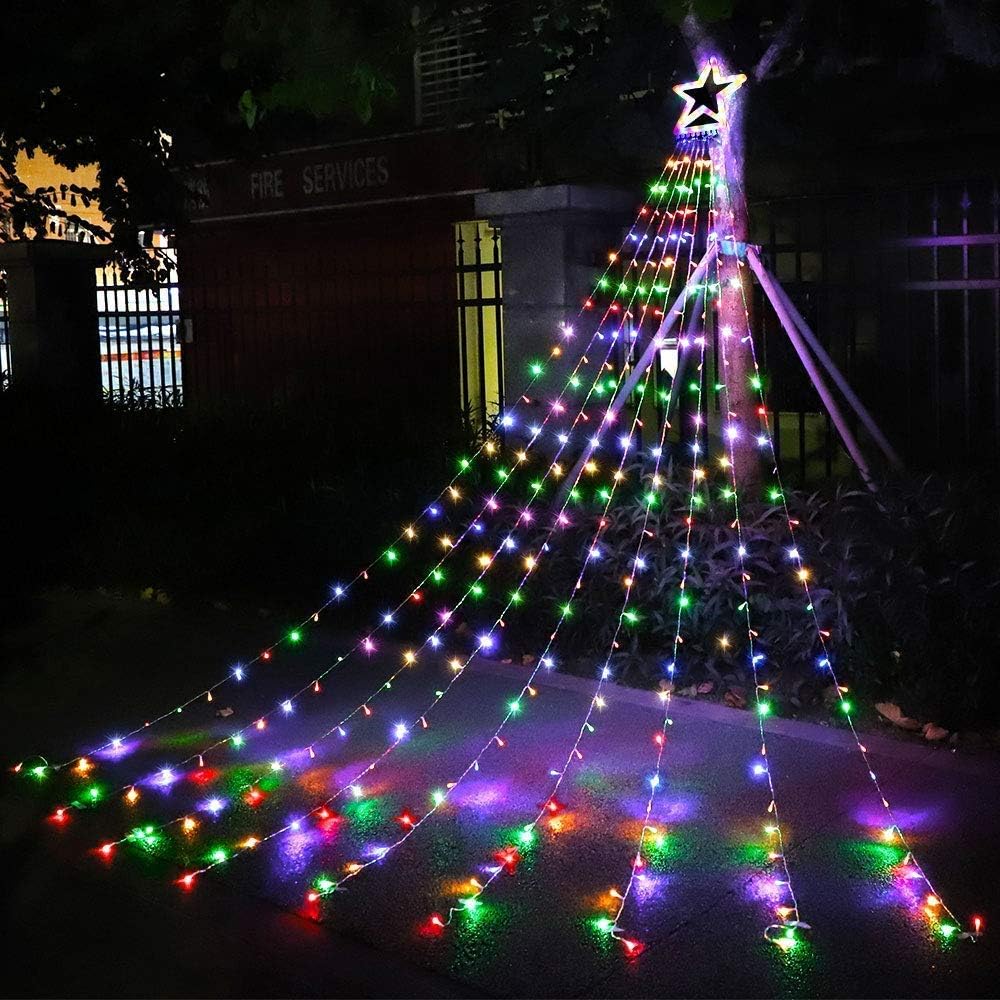PUHONG Christmas Lights, Decorations Star Lights, 320 LED Christmas Tree Lights Outdoor, 16.4Ft String Lights, 8 Light Modes with 12 Lighted Star for Xmas New Year (Iron-Multicolor)
