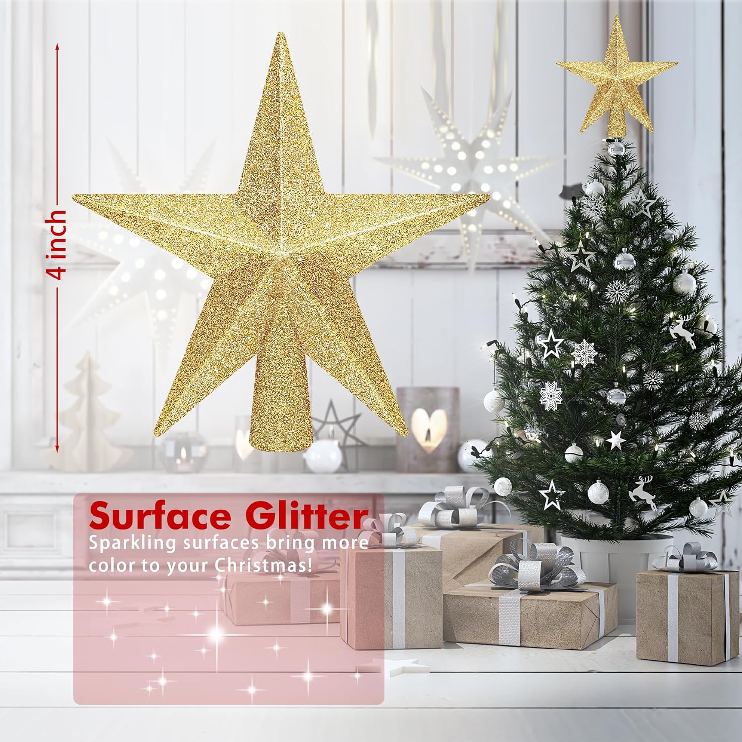 Christmas Tree Star Topper, 8 Gold Xmas Star Tree Decorations, 3D Shatterproof Bethlehem Star Tree Topper Decorations, Waterproof Christmas Tree Topper Decor for Holiday Home Outdoor Ornament