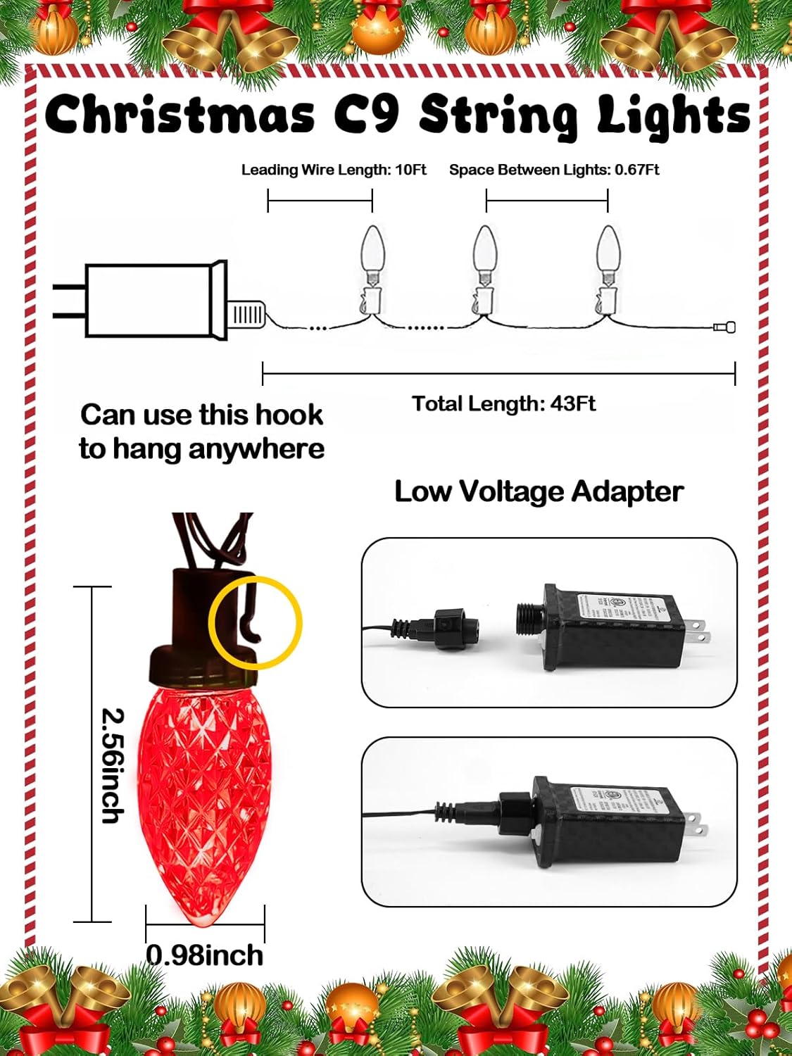 2-Pack Extentable C9 Christmas Lights Outdoor Indoor, 66 FT 100 LED Christmas String Lights Plug in with 8 Modes & Timer, Waterproof Fairy Twinkle Light for Xmas Tree Yard Decorations (Multi-Colored)