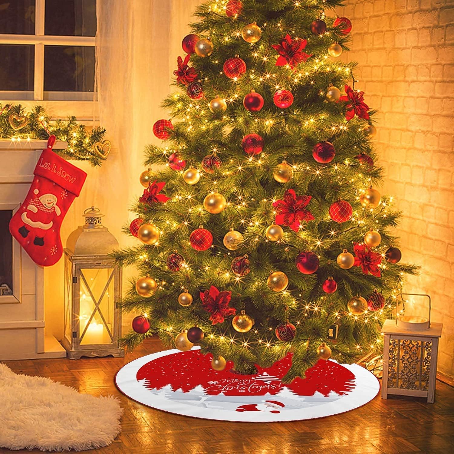 Christmas Tree Skirt Red Xmas Tree Ornaments for White Soft Plush Christmas Tree Mat with Snowy Pattern for Decorations Holiday Party 48 inches