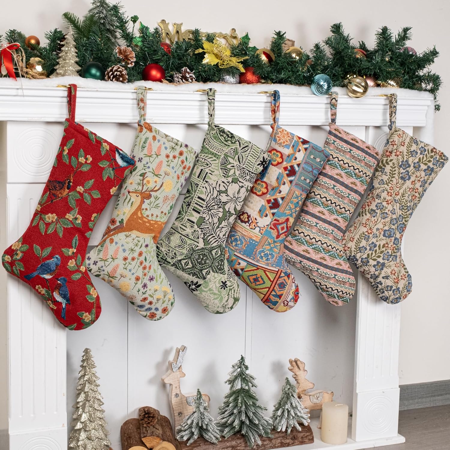 LUBOT Set of 8 Christmas Stocking(20inch) Silhouette Buffalo Red Plaid/Rustic/Farmhouse/Country Cotton Fireplace Hanging Xmas Stockings Decorations for Family Holiday Season Decor