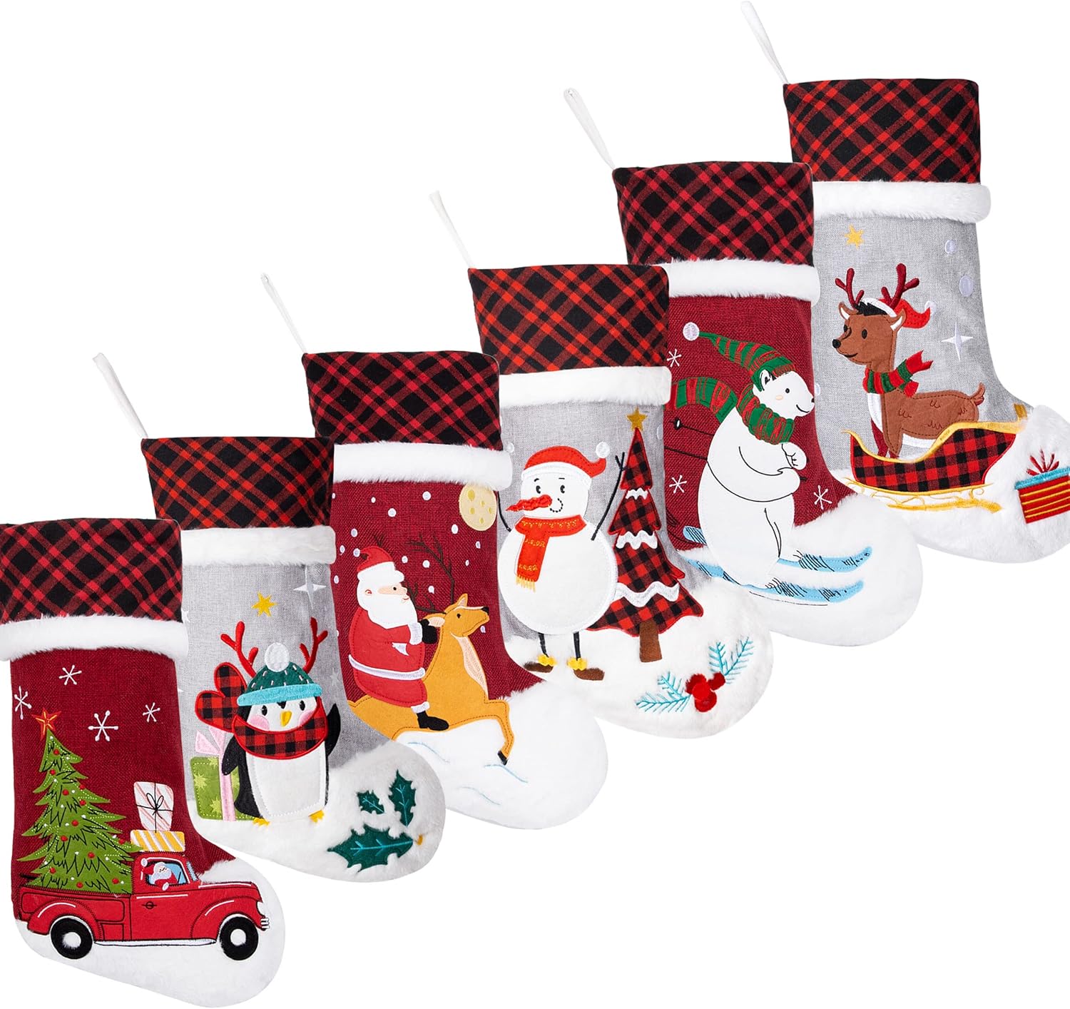 LUBOT Set of 8 Christmas Stocking(20inch) Silhouette Buffalo Red Plaid/Rustic/Farmhouse/Country Cotton Fireplace Hanging Xmas Stockings Decorations for Family Holiday Season Decor