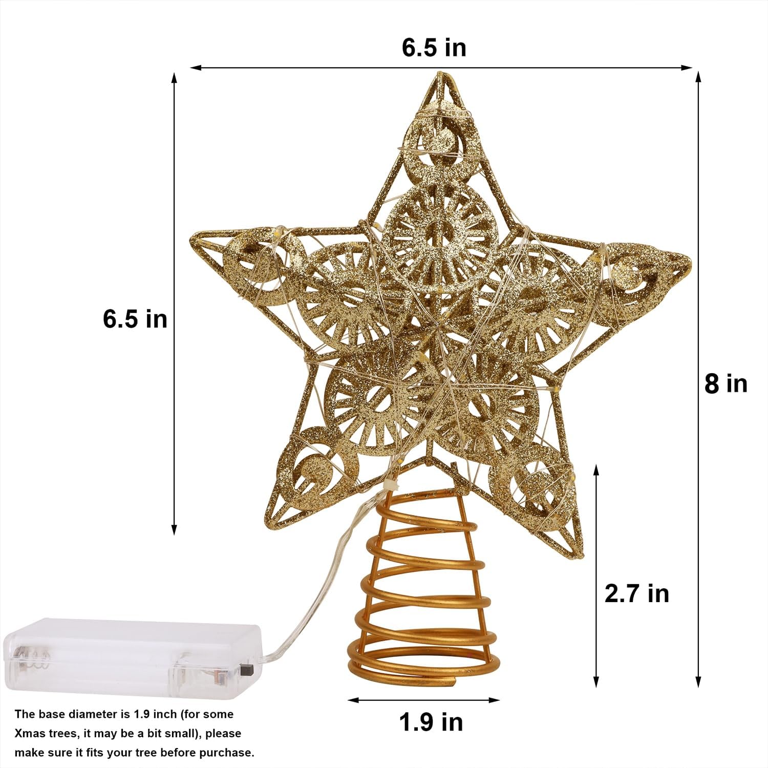 Juegoal Star Tree Topper with 20 LED Lights, Metal Golden Lighted Treetop Ornaments, Battery Powered Light Up Christmas Tree Decorations, 6.5 x 6.5 Inches