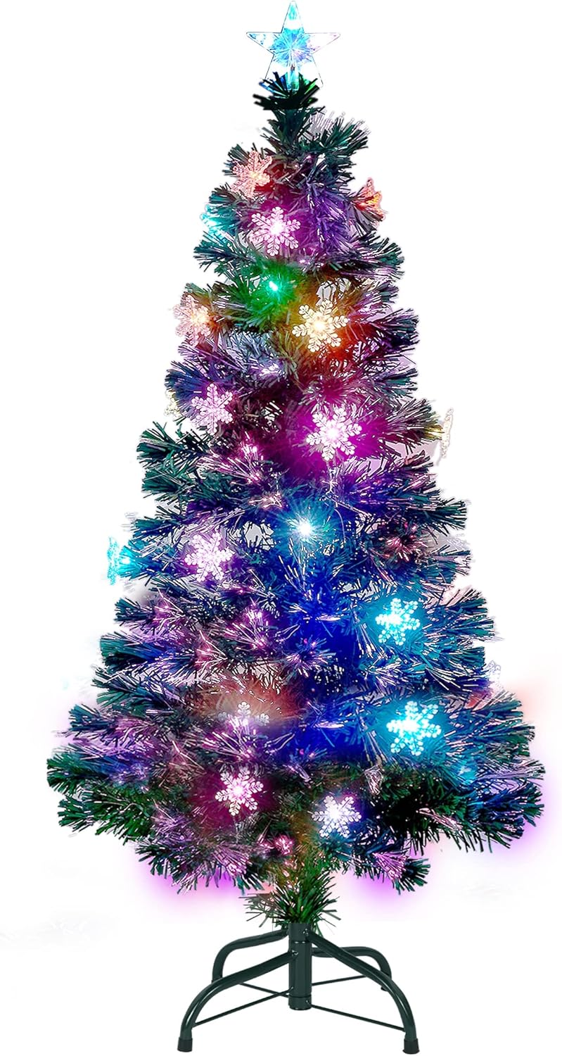 Juegoal 6 ft Pre-Lit Optical Fiber Christmas Artificial Tree, RGB Color Changing LED Lights, Snowflakes & Top Star, Fake Xmas Tree with Metal Legs