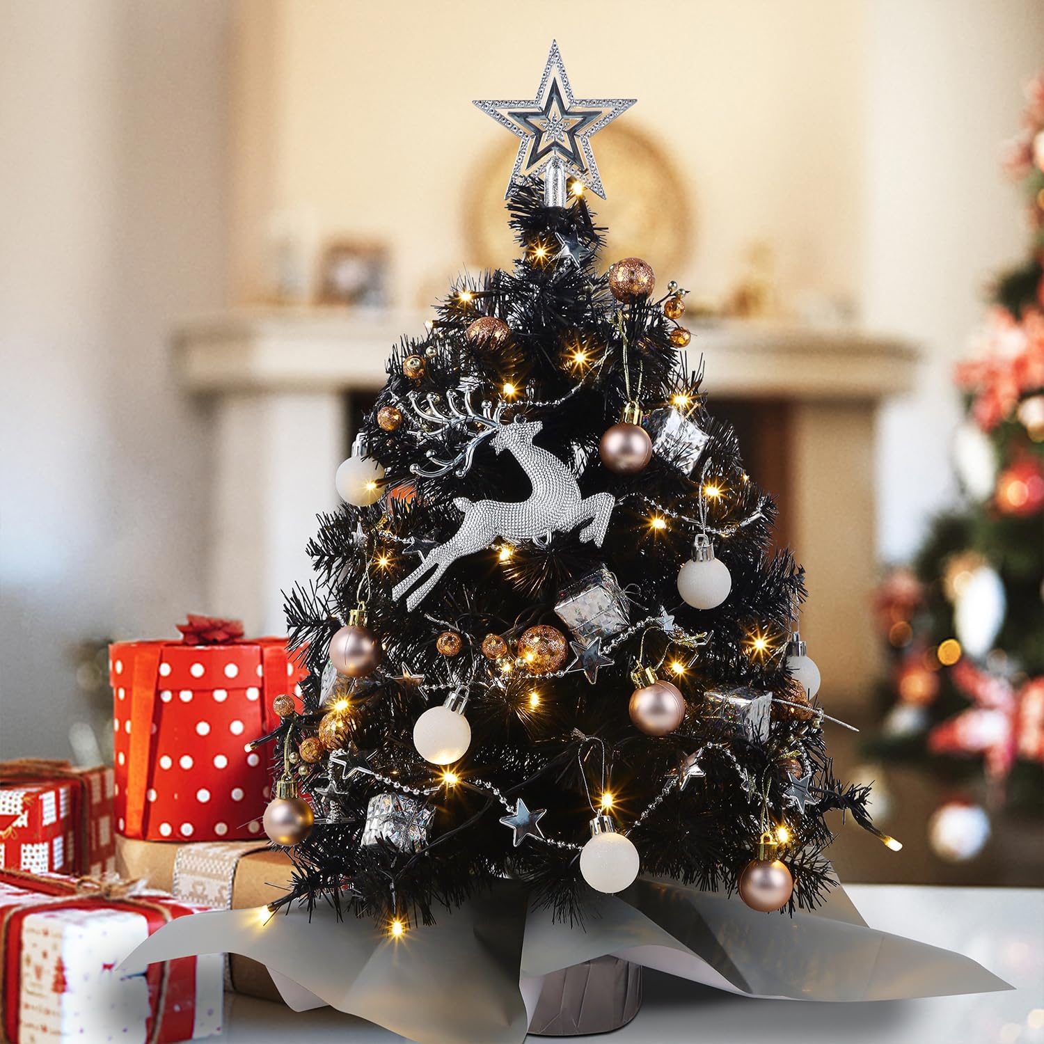 Juegoal 24 Inch Mini Christmas Tree Set, Table Top Artificial Christmas Trees with 50 LED Lights, Ornaments and Red Berries, Best DIY Christmas Decorations