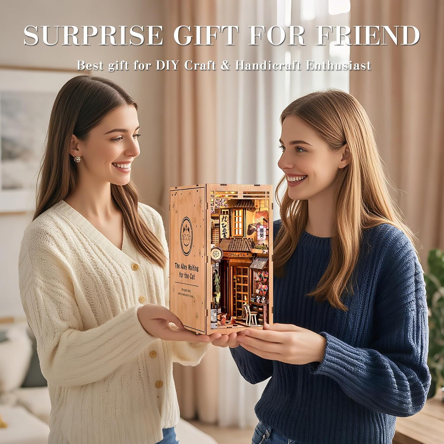 CRIOLPO Book Nook Kit - DIY Doll House Booknook, Book Nook Miniature Kit for Bookshelf Doll Houses for Adults Teen Halloween, 3D Wooden Puzzle Bookends with Sensor Led Light