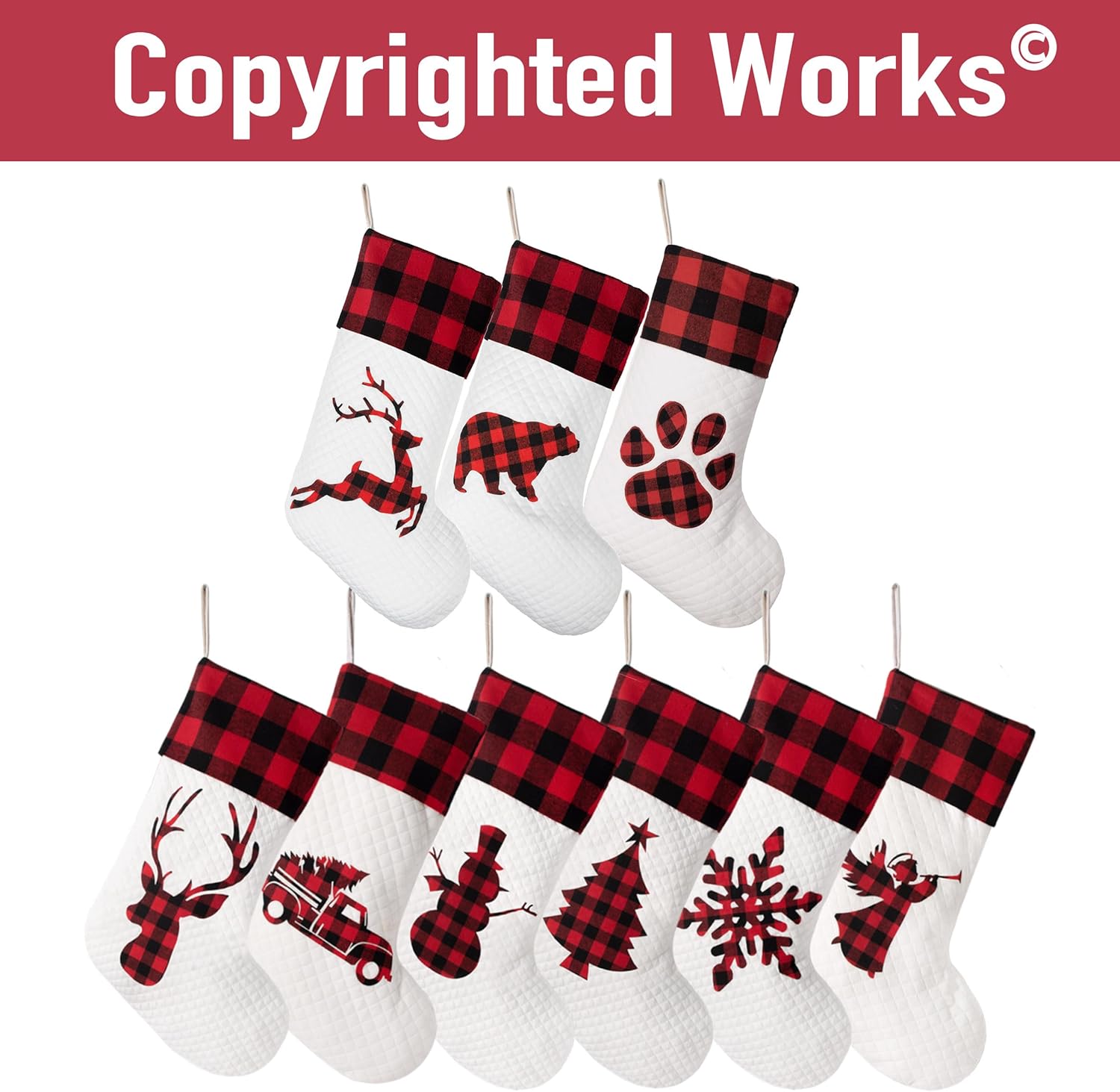 LUBOT Set of 8 Christmas Stocking(20inch) Silhouette Buffalo Red Plaid/Rustic/Farmhouse/Country Cotton Fireplace Hanging Xmas Stockings Decorations for Family Holiday Season Decor