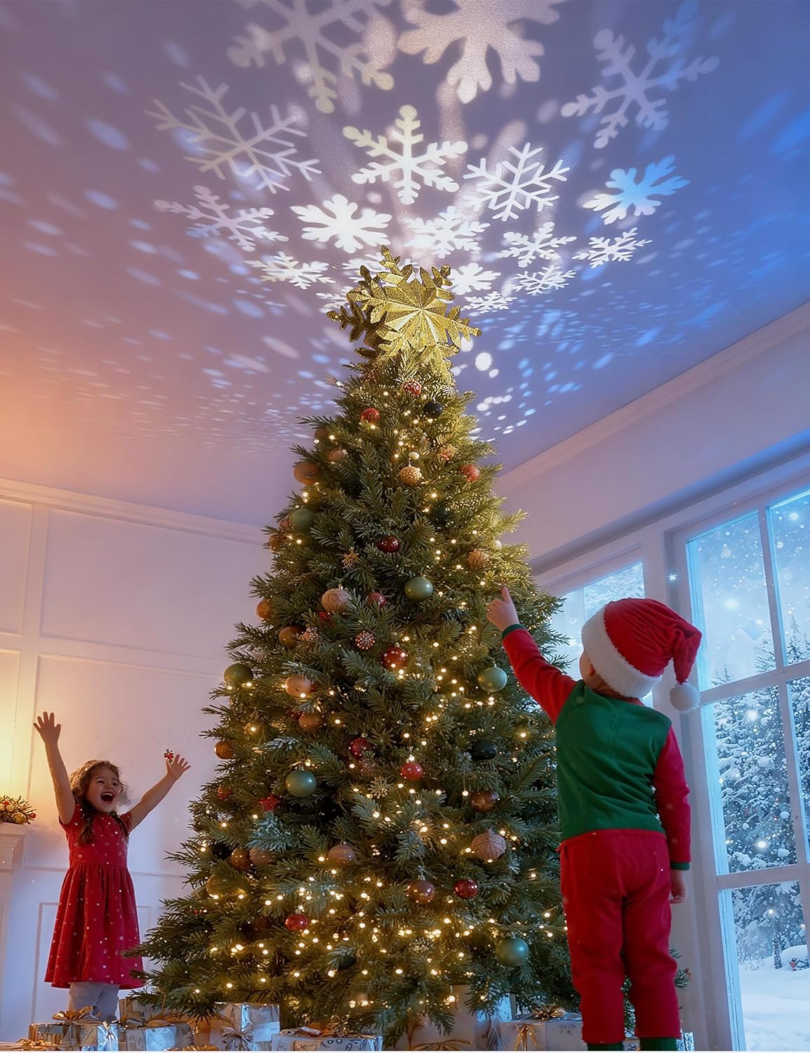 DG-Direct Christmas Tree Topper Lighted with Golden Snowflake Projector, Led Rotating Magic Snowflake, 3D Hollow Glitter Lighted Gold Snow Tree Topper for Christmas Tree Decorations