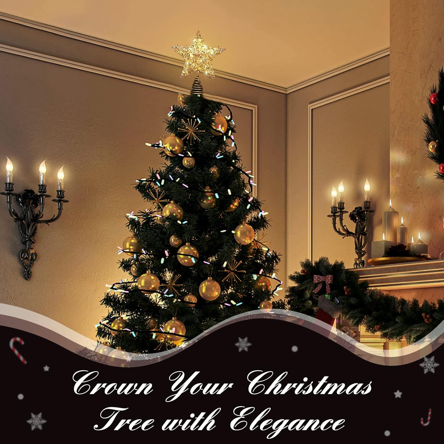 Roylvan Christmas Star Tree Topper with 8 Lighting Modes, USB Lighted Tree Topper with 20 LED Lights, Shiny Treetop Christmas Tree Decoration for Indoor Outdoor Holiday Home Ornament Gift, 9.8 Inch(H)