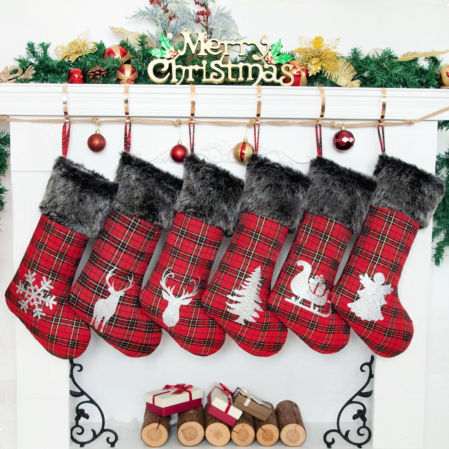 LUBOT Set of 8 Christmas Stocking(20inch) Silhouette Buffalo Red Plaid/Rustic/Farmhouse/Country Cotton Fireplace Hanging Xmas Stockings Decorations for Family Holiday Season Decor