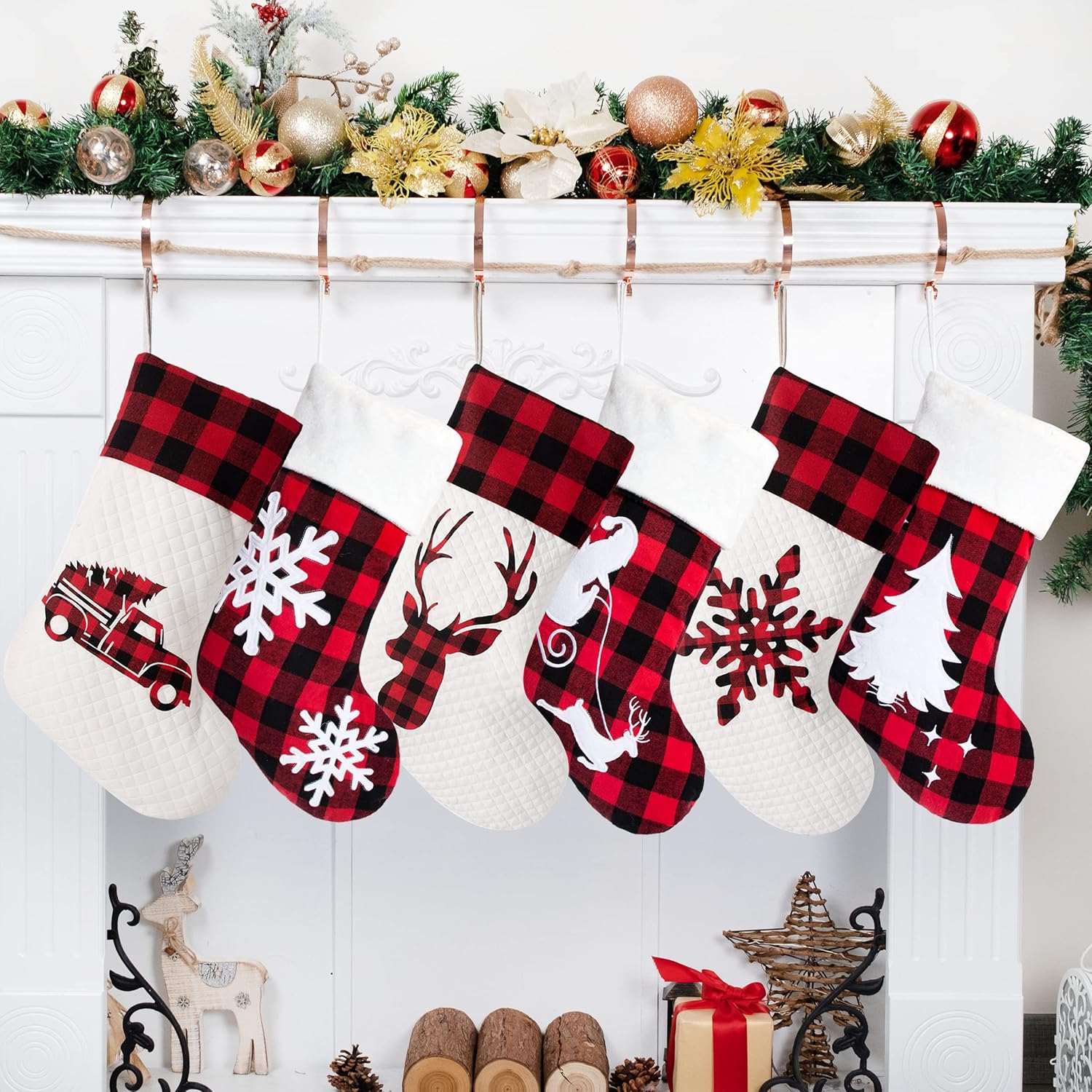 LUBOT Set of 8 Christmas Stocking(20inch) Silhouette Buffalo Red Plaid/Rustic/Farmhouse/Country Cotton Fireplace Hanging Xmas Stockings Decorations for Family Holiday Season Decor