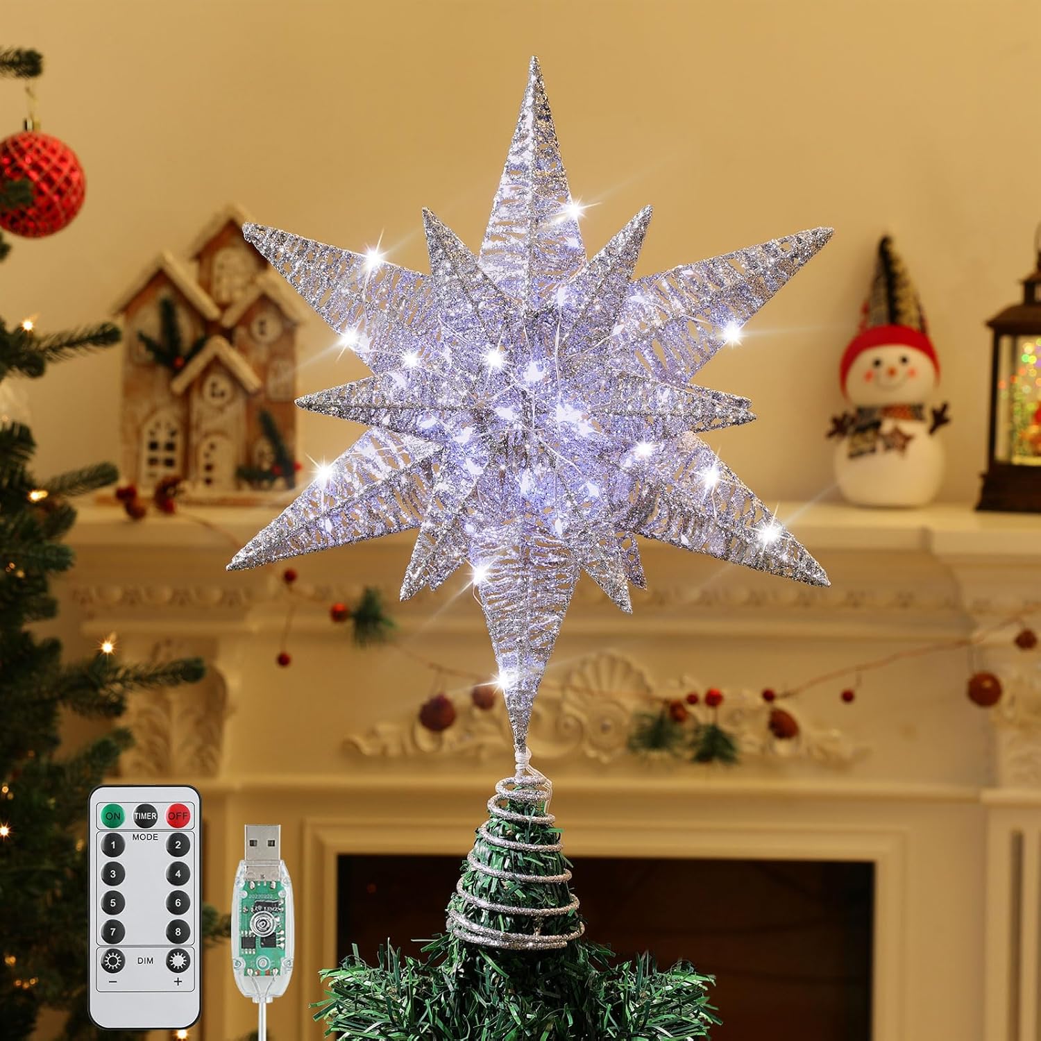 Roylvan Christmas Star Tree Topper with 8 Lighting Modes, USB Lighted Tree Topper with 20 LED Lights, Shiny Treetop Christmas Tree Decoration for Indoor Outdoor Holiday Home Ornament Gift, 9.8 Inch(H)