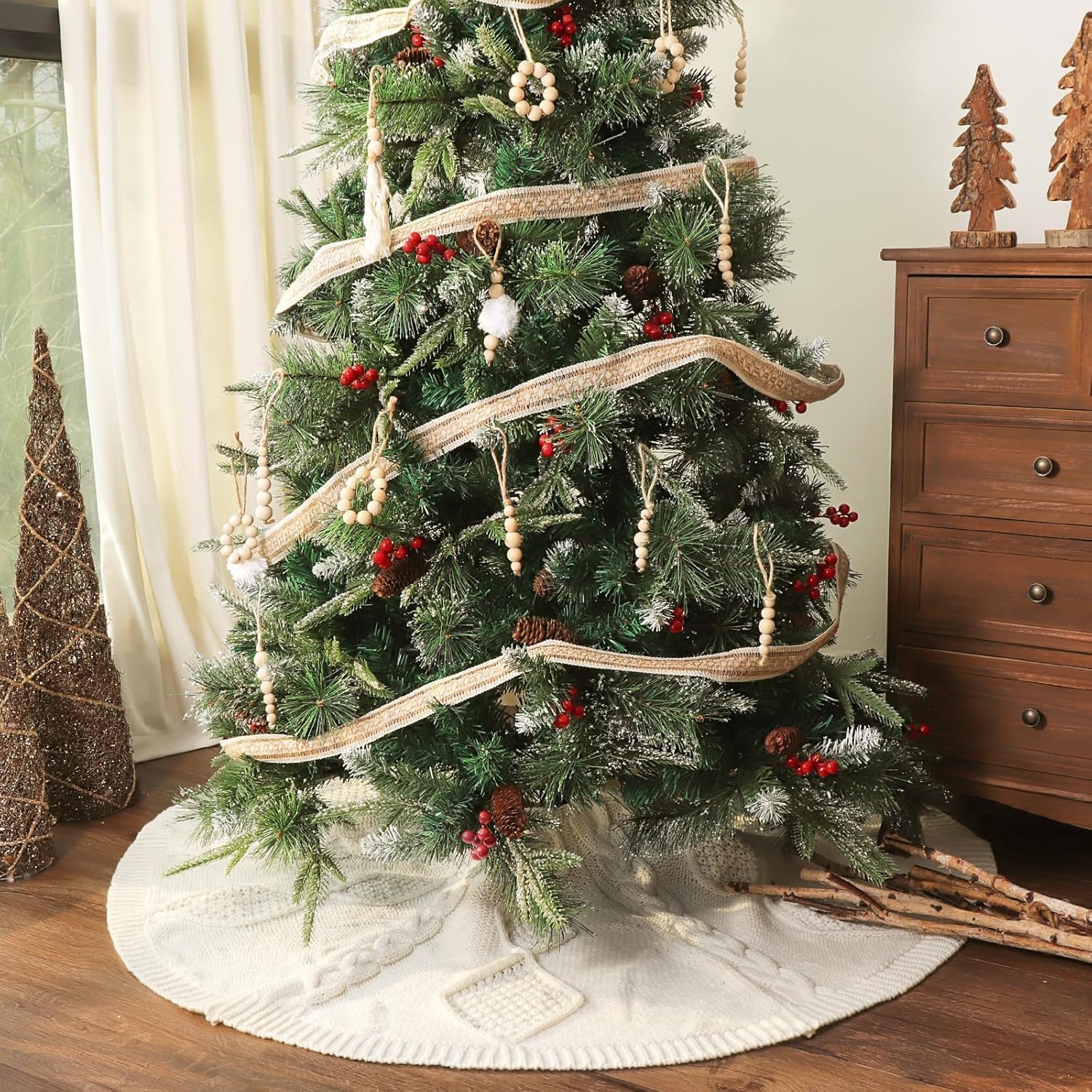 48 Inch Christmas Tree Skirt: Braided Cable Knit Tree Skirt for 7.5FT Tree, Cream White Tree Skirt, Vintage Tree Skirts, Rustic Farmhouse Christmas Decorations
