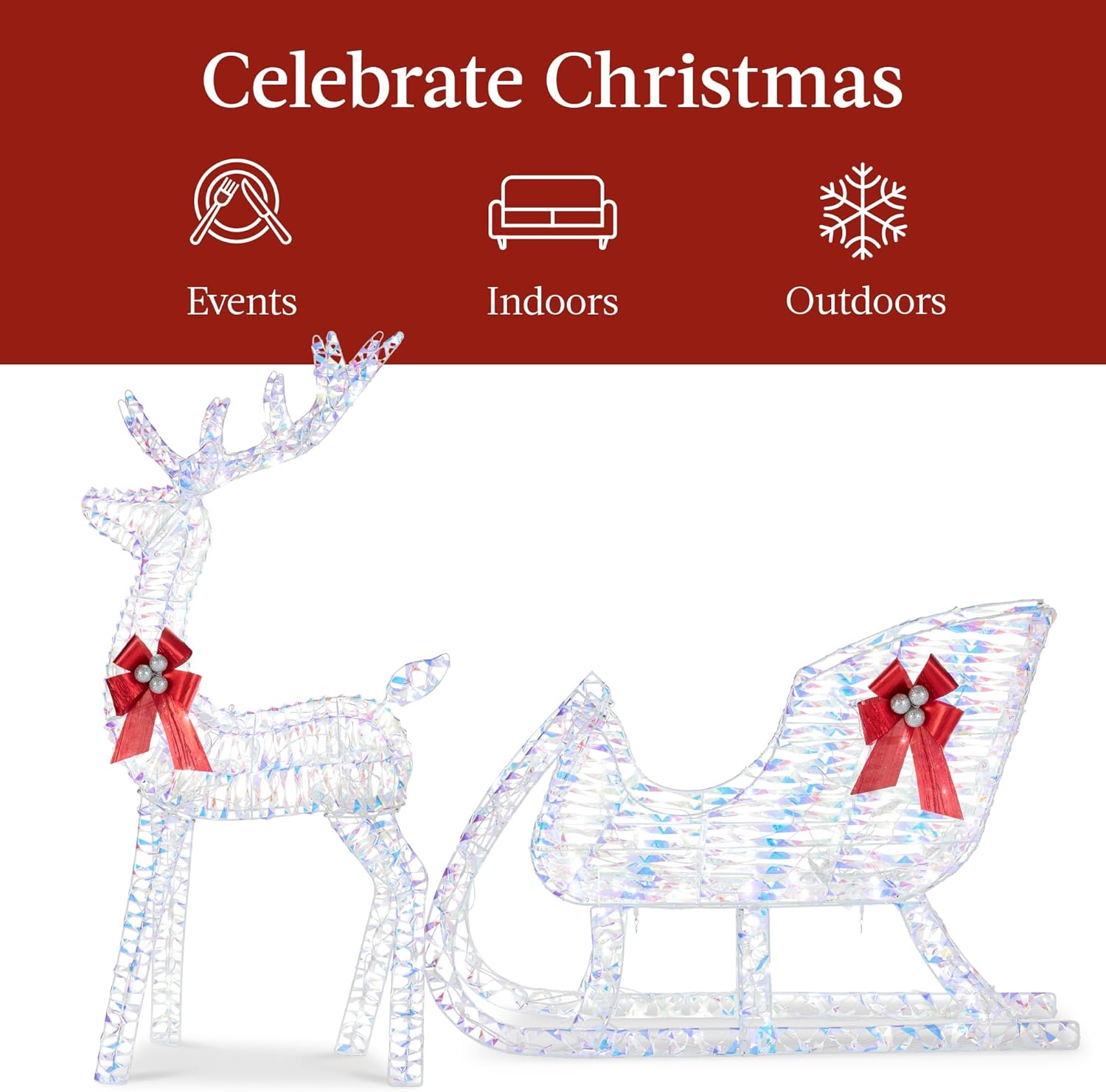 Best Choice Products Lighted Christmas 4ft Reindeer & Sleigh Holiday Outdoor Yard Decoration Set w/ 205 LED Lights, Stakes, Zip Ties - Gold