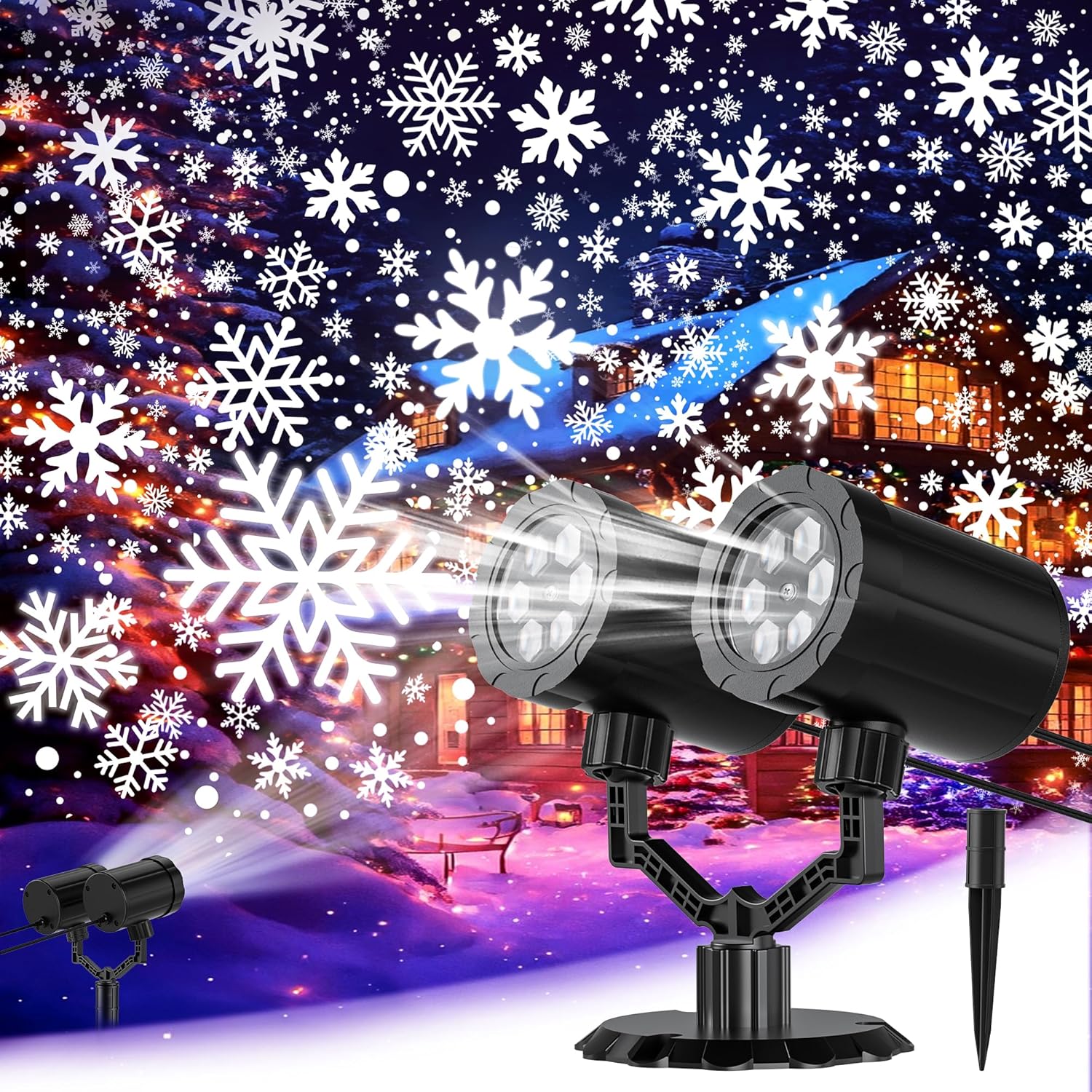 Christmas Projector Lights Outdoor, GUSODOR Dynamic Snowflake Projector IP65 Waterproof 360°Rotating LED Projection Lights for Indoor Outdoor Christmas Decoration, Holiday, Yard Decor-Dual-Head A
